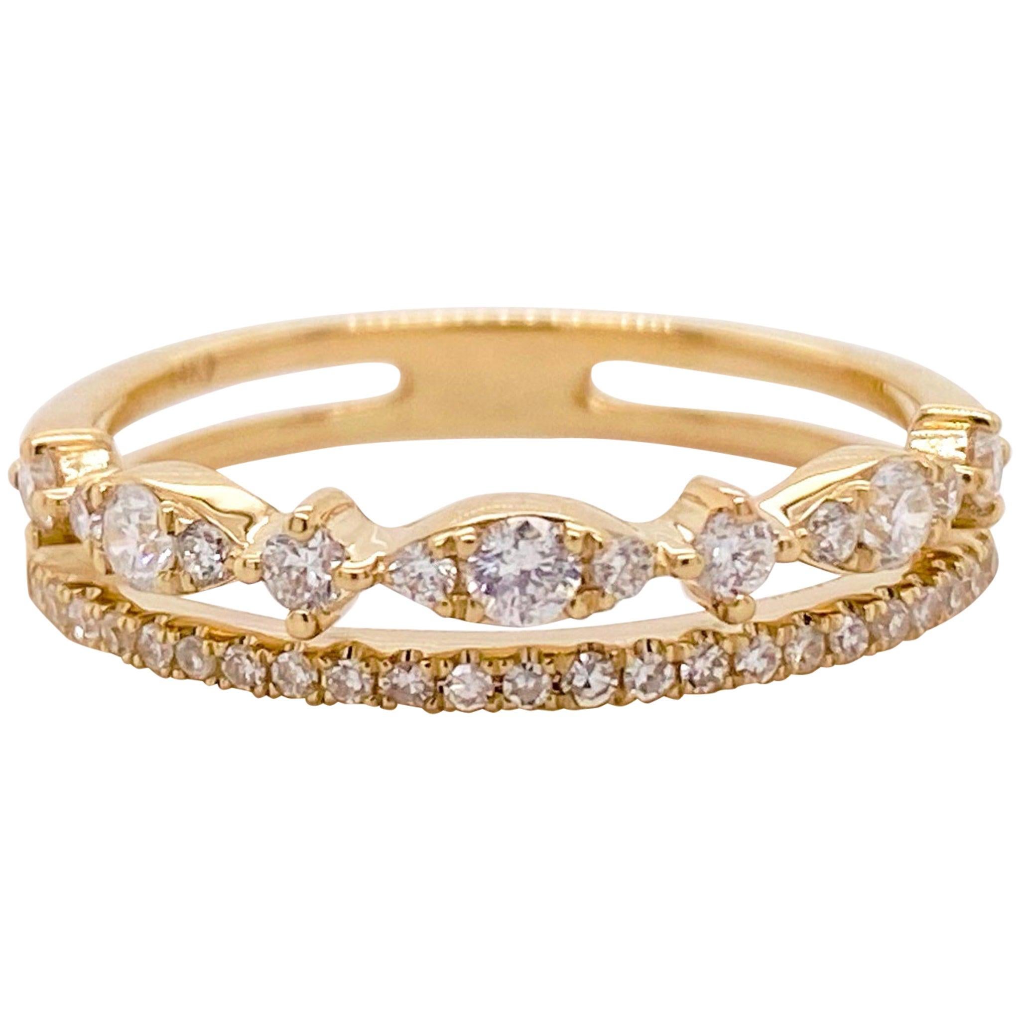 For Sale:  Diamond Duet Ring, 14 Karat Gold Diamond Double Band Ring, Stackable Ring