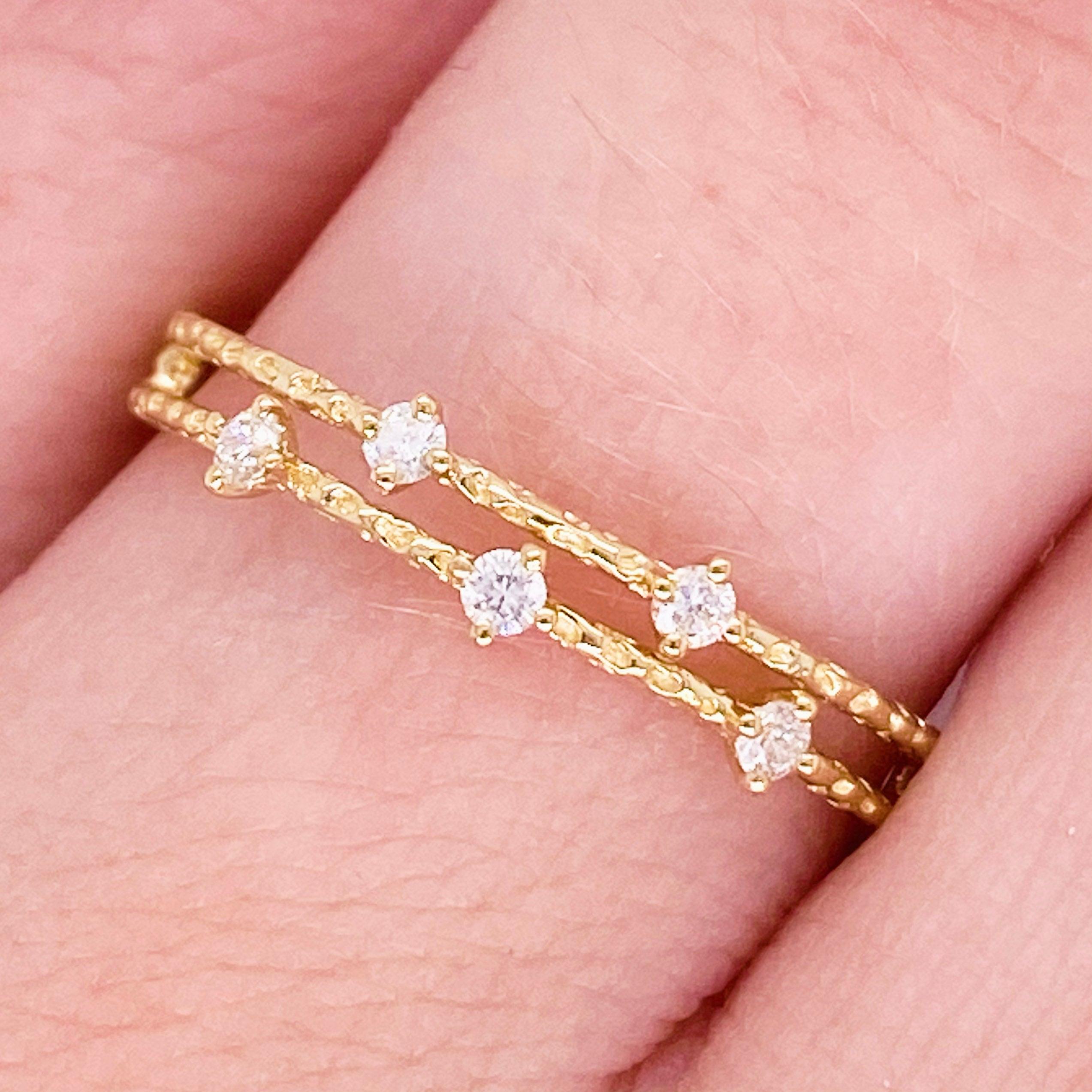 For Sale:  Diamond Duet Ring, Gold Textured Diamond Double Band Ring, Stackable Ring 2