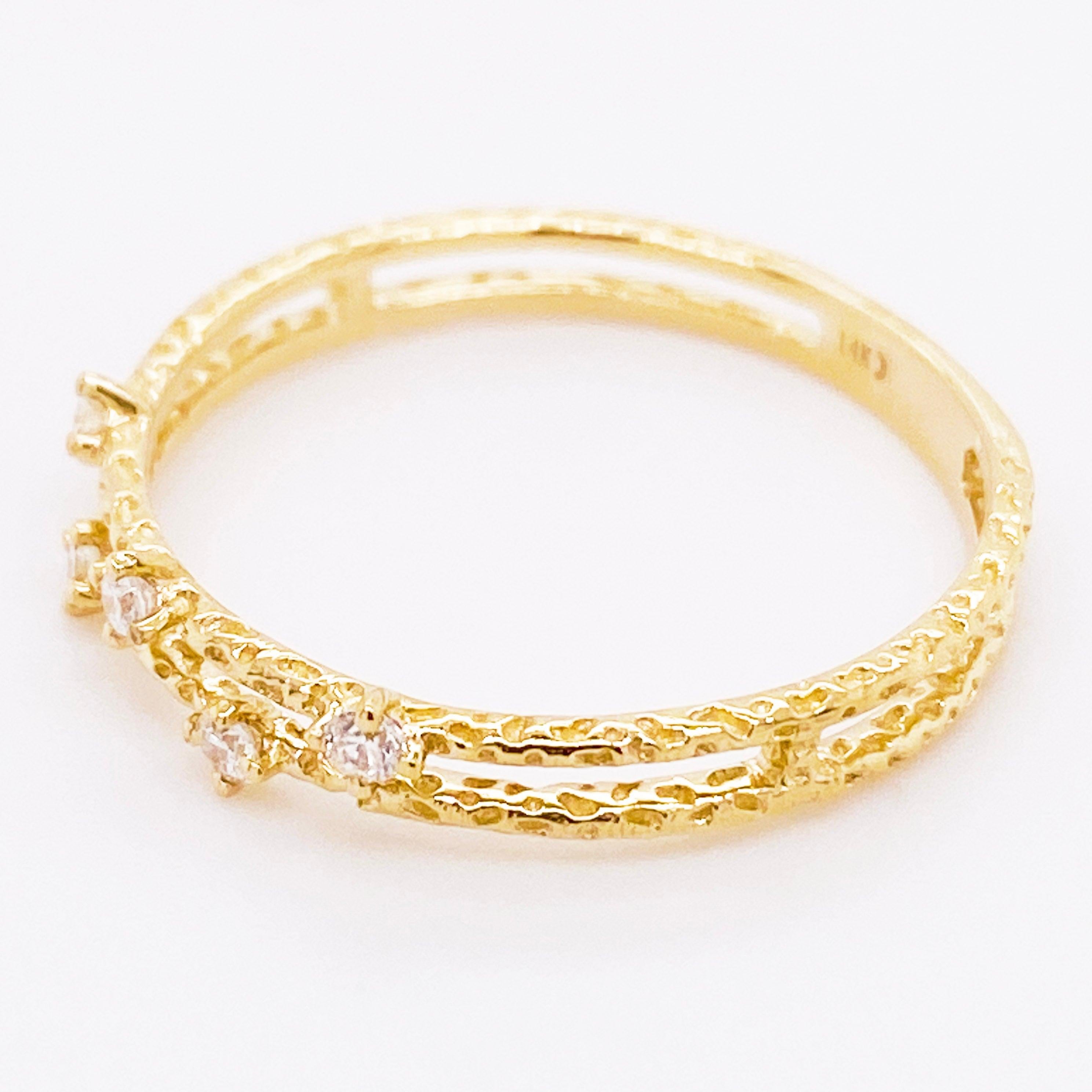 For Sale:  Diamond Duet Ring, Gold Textured Diamond Double Band Ring, Stackable Ring 4