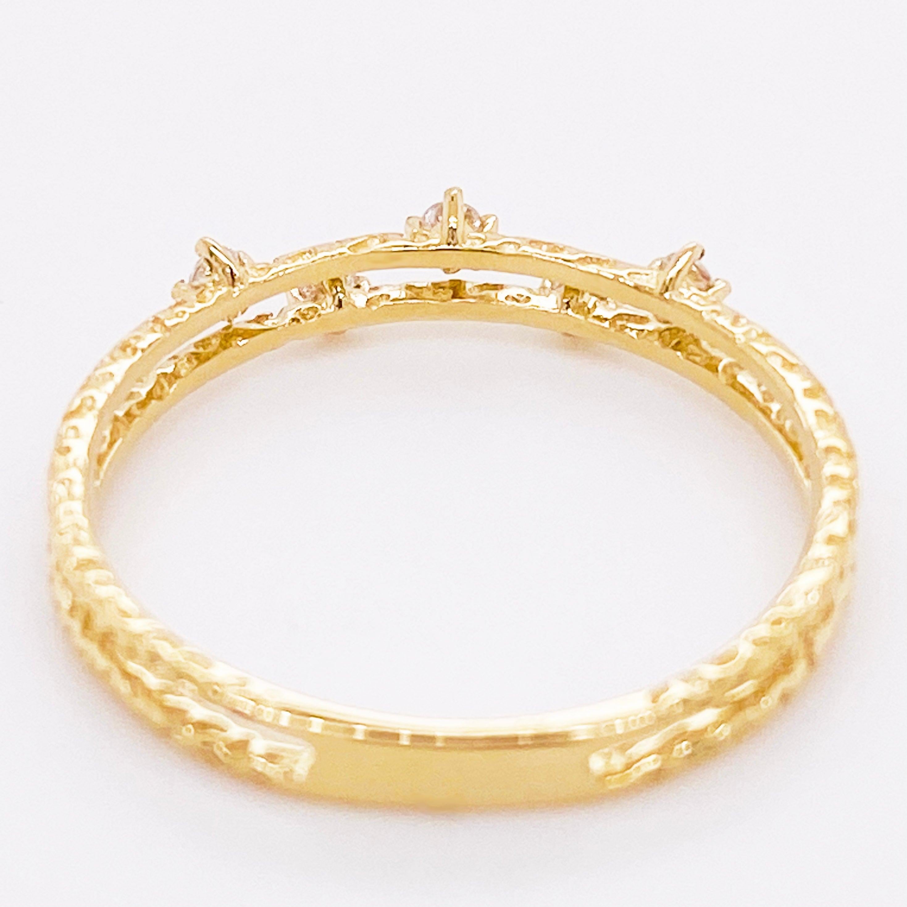 For Sale:  Diamond Duet Ring, Gold Textured Diamond Double Band Ring, Stackable Ring 5