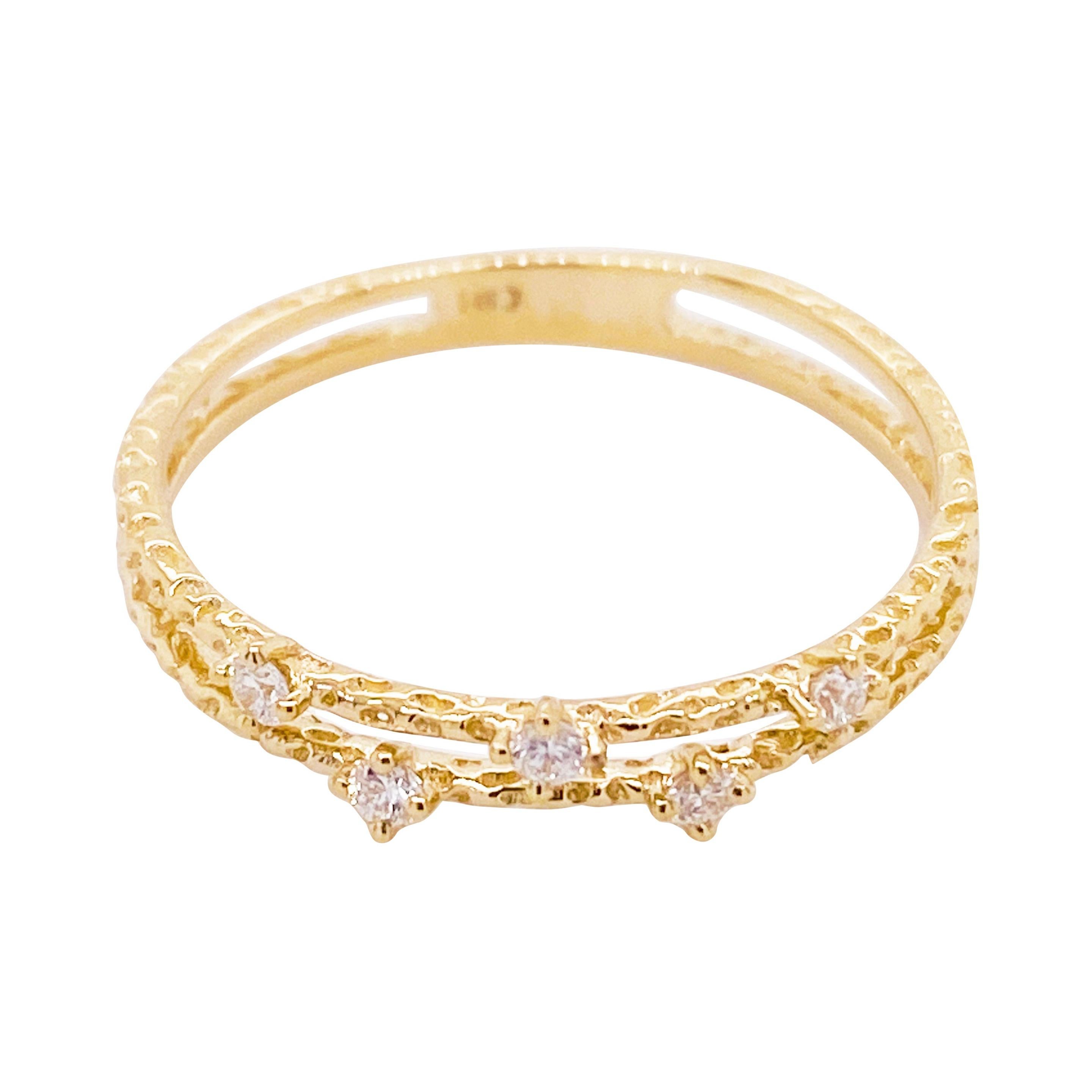 For Sale:  Diamond Duet Ring, Gold Textured Diamond Double Band Ring, Stackable Ring