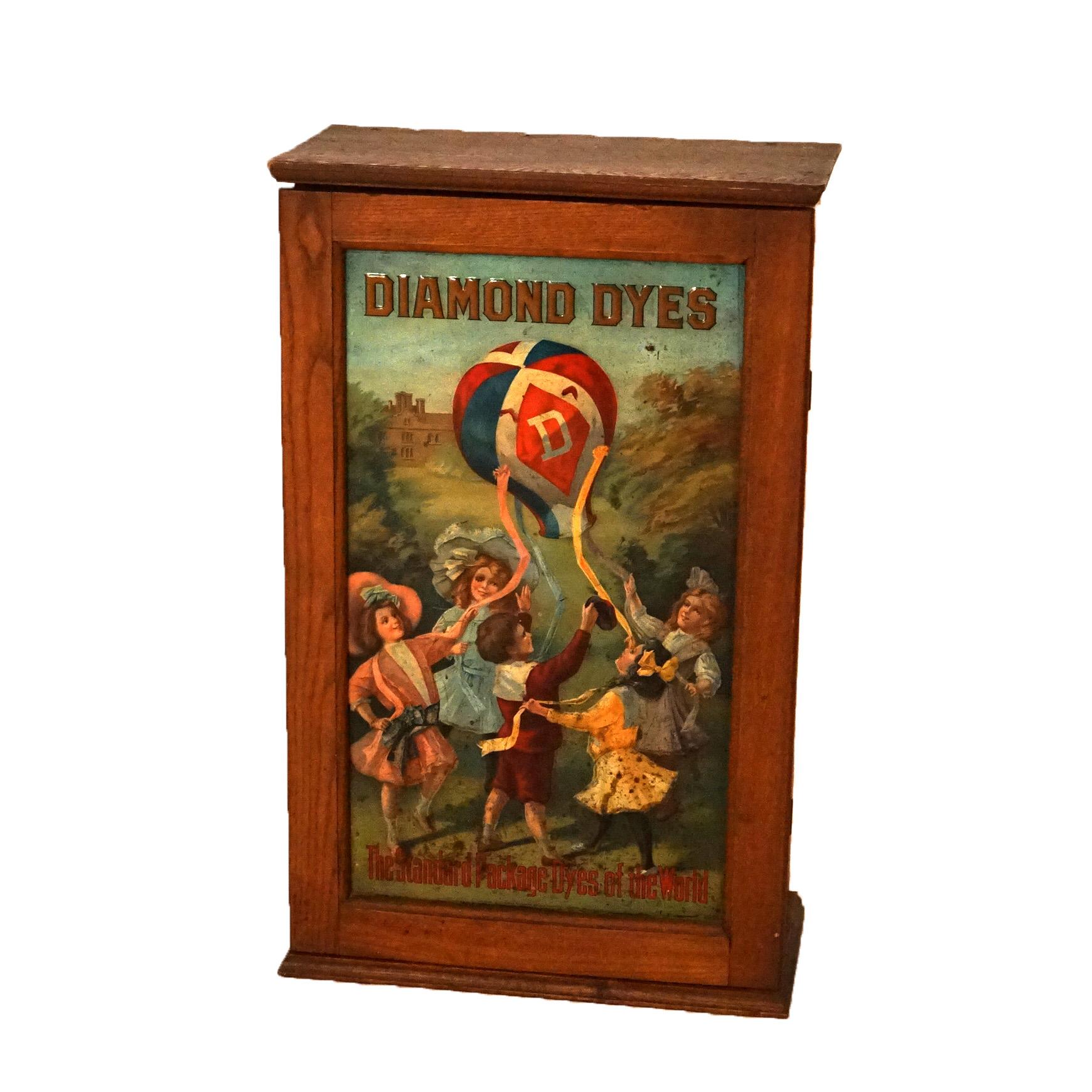 ***Inquire About Reduced In-House Delivery Rates - Reliable Professional Service & Fully Insured***

Diamond Dyes Embossed, Polychromed & Lithographic Oak Advertising Cabinet with Genre Scene having Children and Balloon, c1890

Measures - 24.75