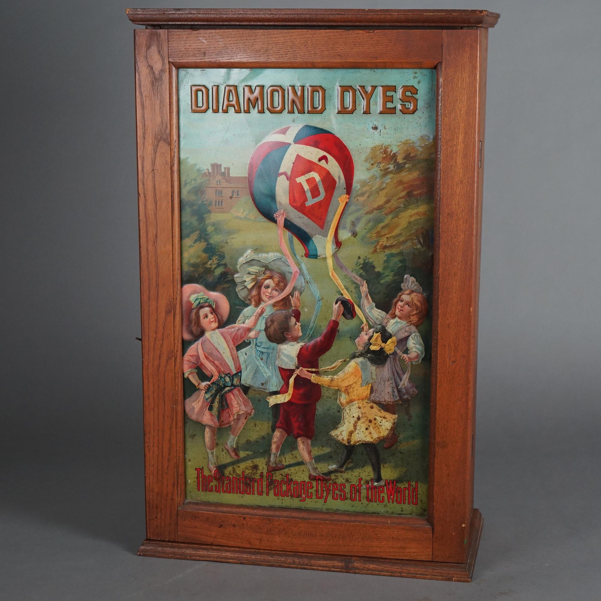 Diamond Dyes Embossed, Polychromed & Lithographic Oak Advertising Cabinet c1890 In Good Condition In Big Flats, NY