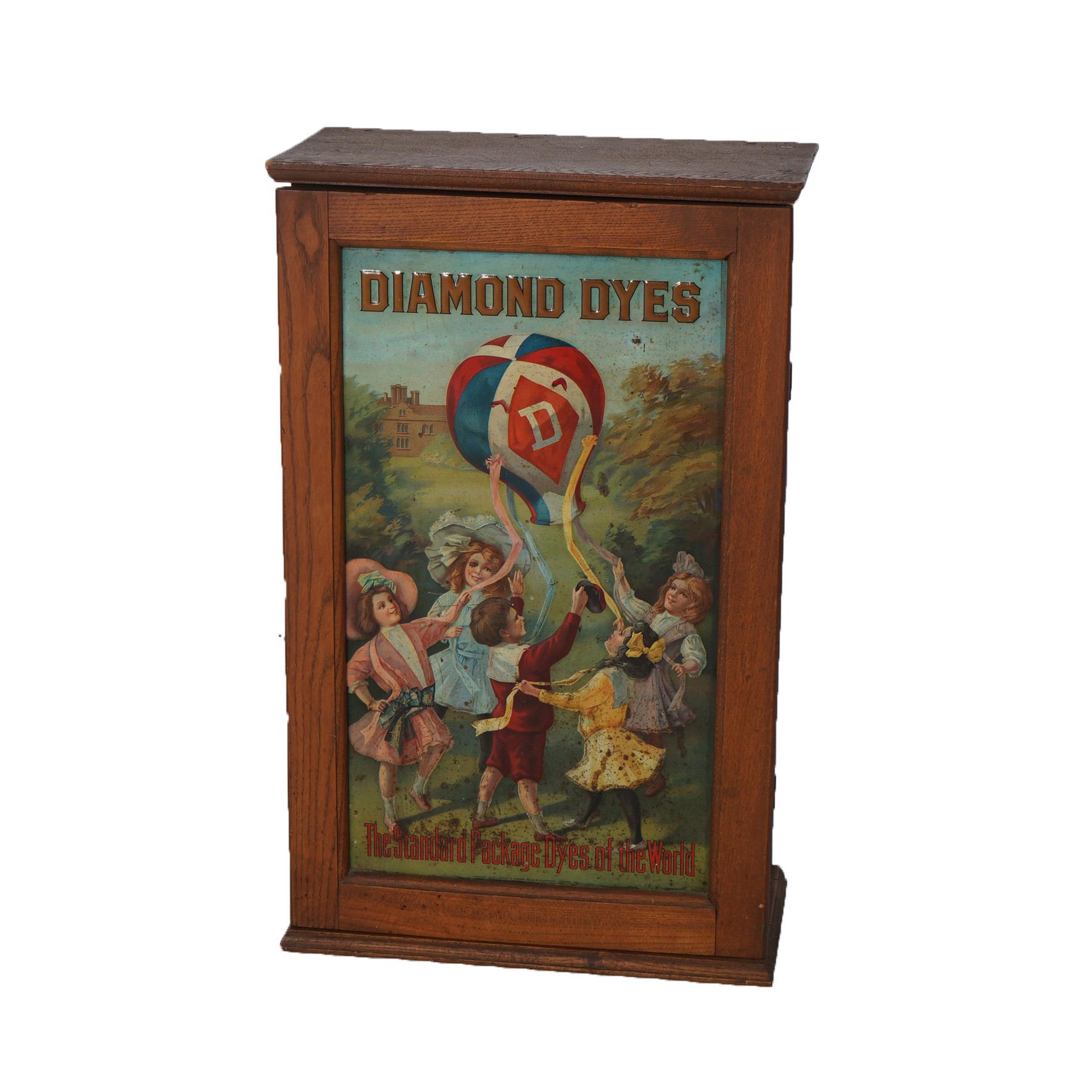 20th Century Diamond Dyes Embossed, Polychromed & Lithographic Oak Advertising Cabinet c1890