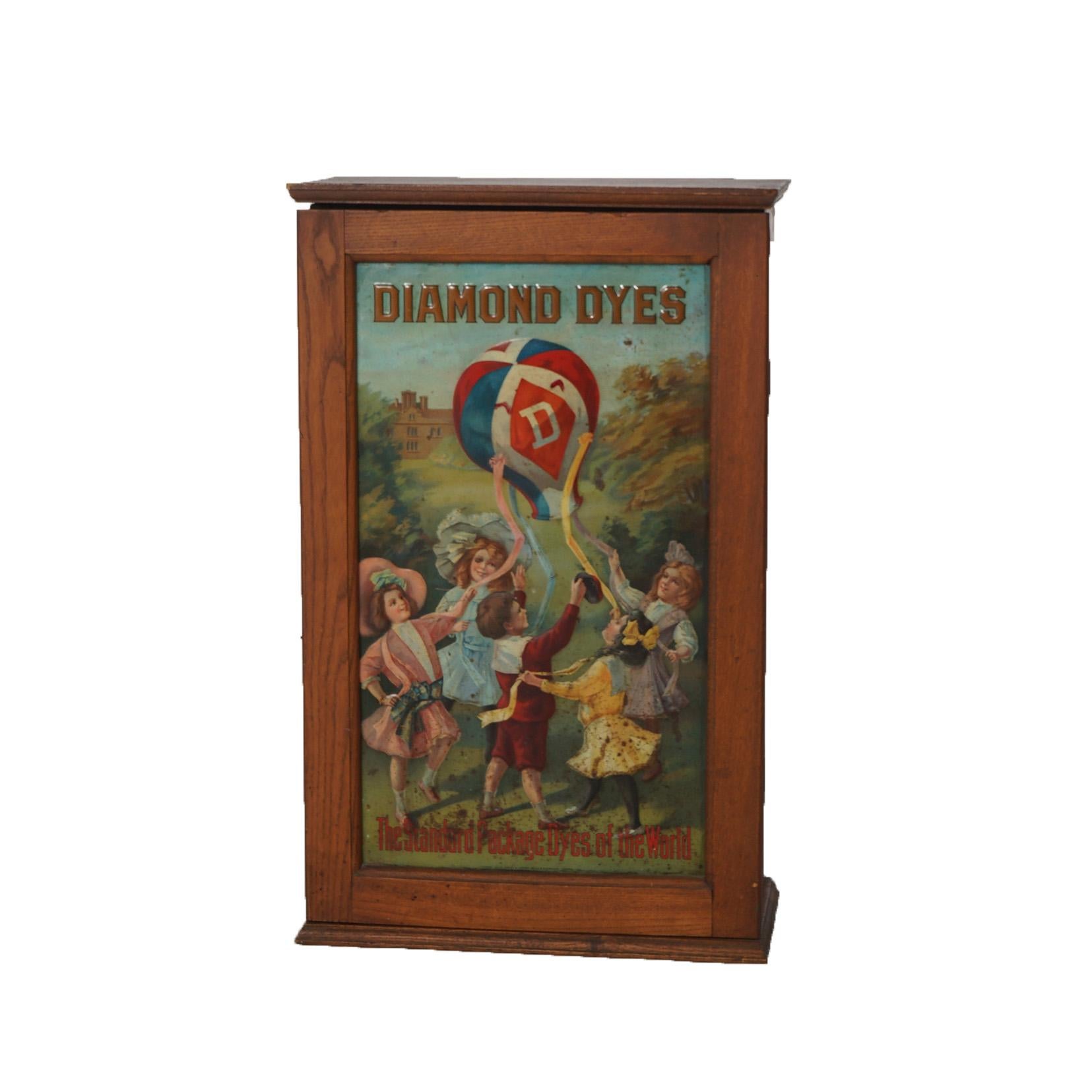 Glass Diamond Dyes Embossed, Polychromed & Lithographic Oak Advertising Cabinet c1890