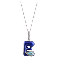 Diamond E Initial Evil Eye ID Talisman Charm Necklace, 14K Gold, Blue Enamel