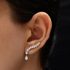 Diamond Ear Climber Drop Earrings with Pear and Marquise Diamonds 18K White Gold
