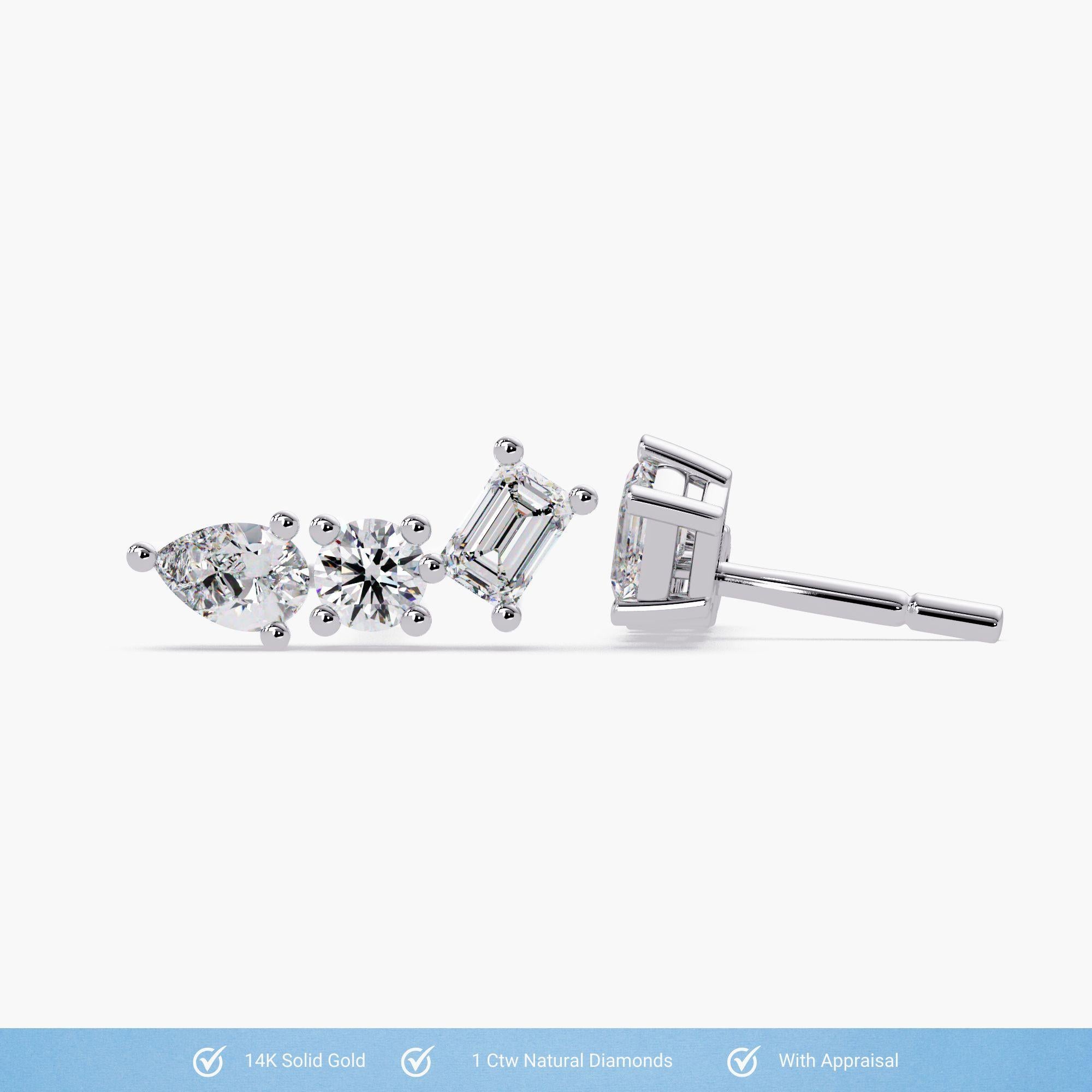 Diamond Ear Climbers, 1Ctw Diamond Studs, SI1 GH Color, 14K Solid Gold, Pushback in vendita 1