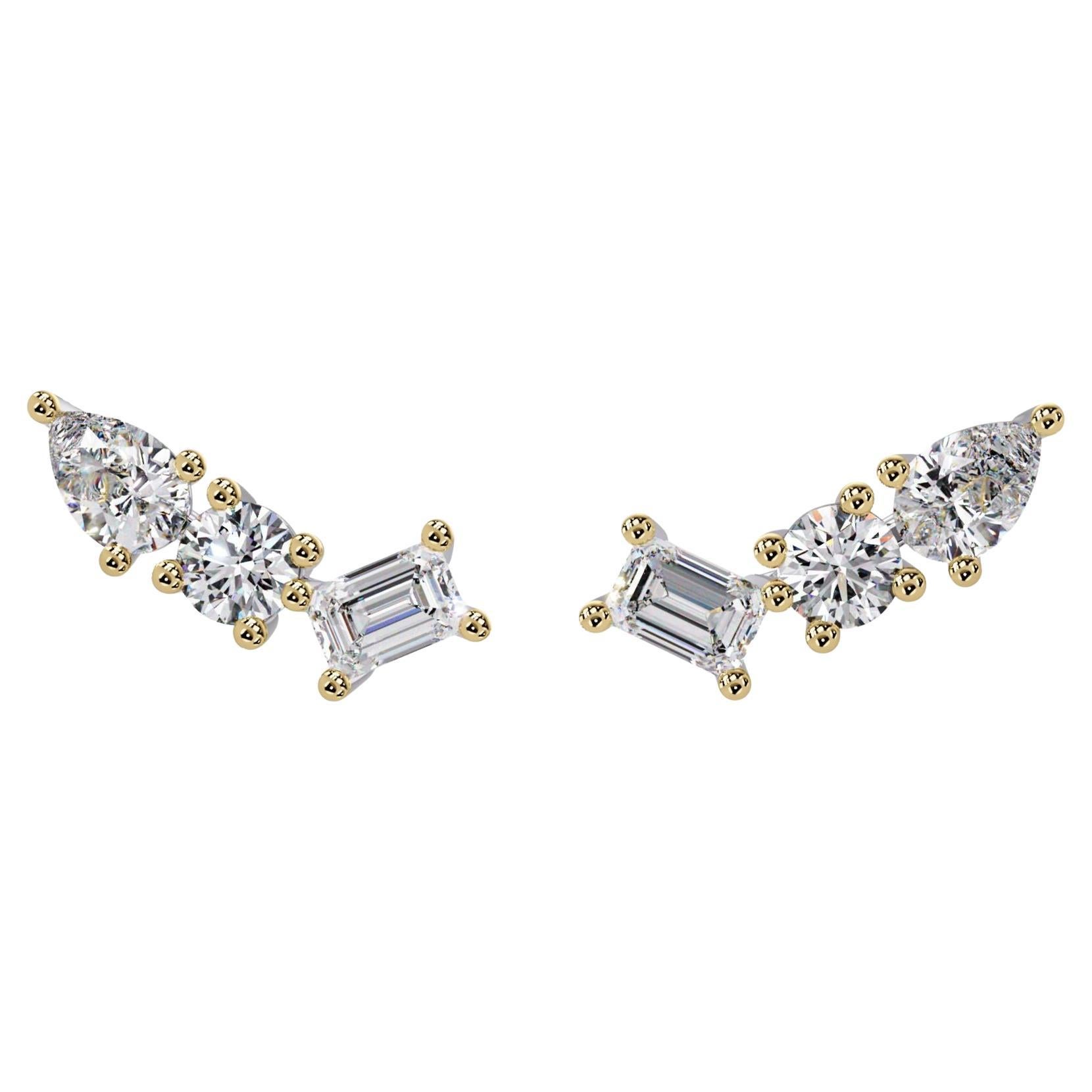 Diamond Ear Climbers, 1Ctw Diamond Studs, SI1 GH Color, 14K Solid Gold, Pushback in vendita