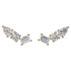 Diamond Ear Climbers, 1Ctw Diamond Studs, SI1 GH Color, 14K Solid Gold, Pushback