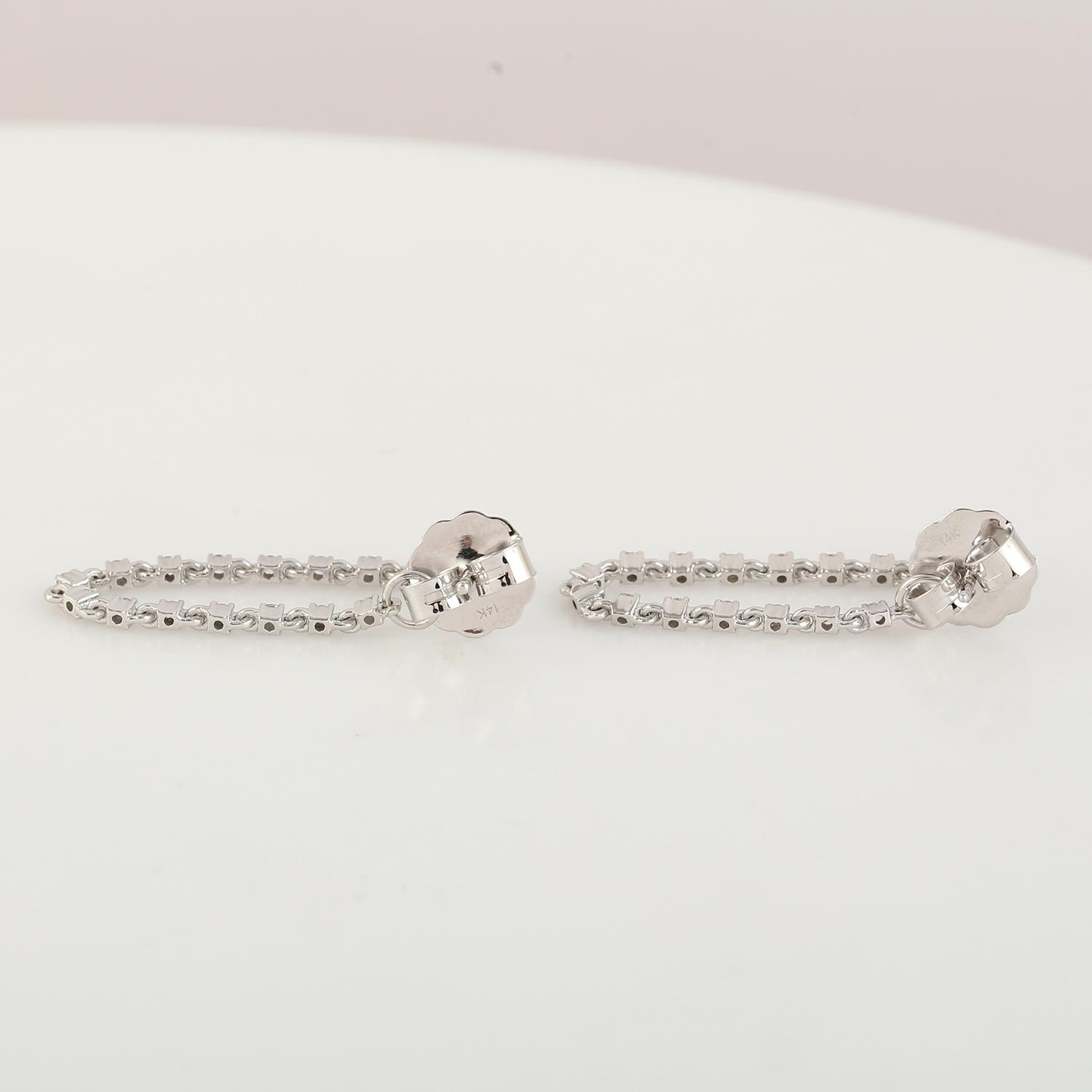 Contemporary Diamond Ear Thread Chain Earrings made In 14K White Gold For Sale