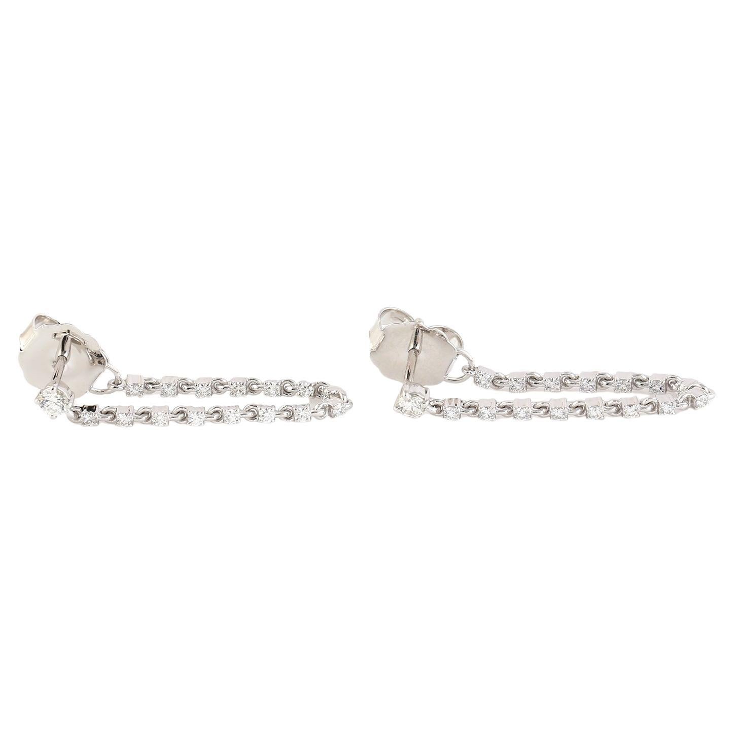 Diamond Ear Thread Chain Earrings made In 14K White Gold For Sale