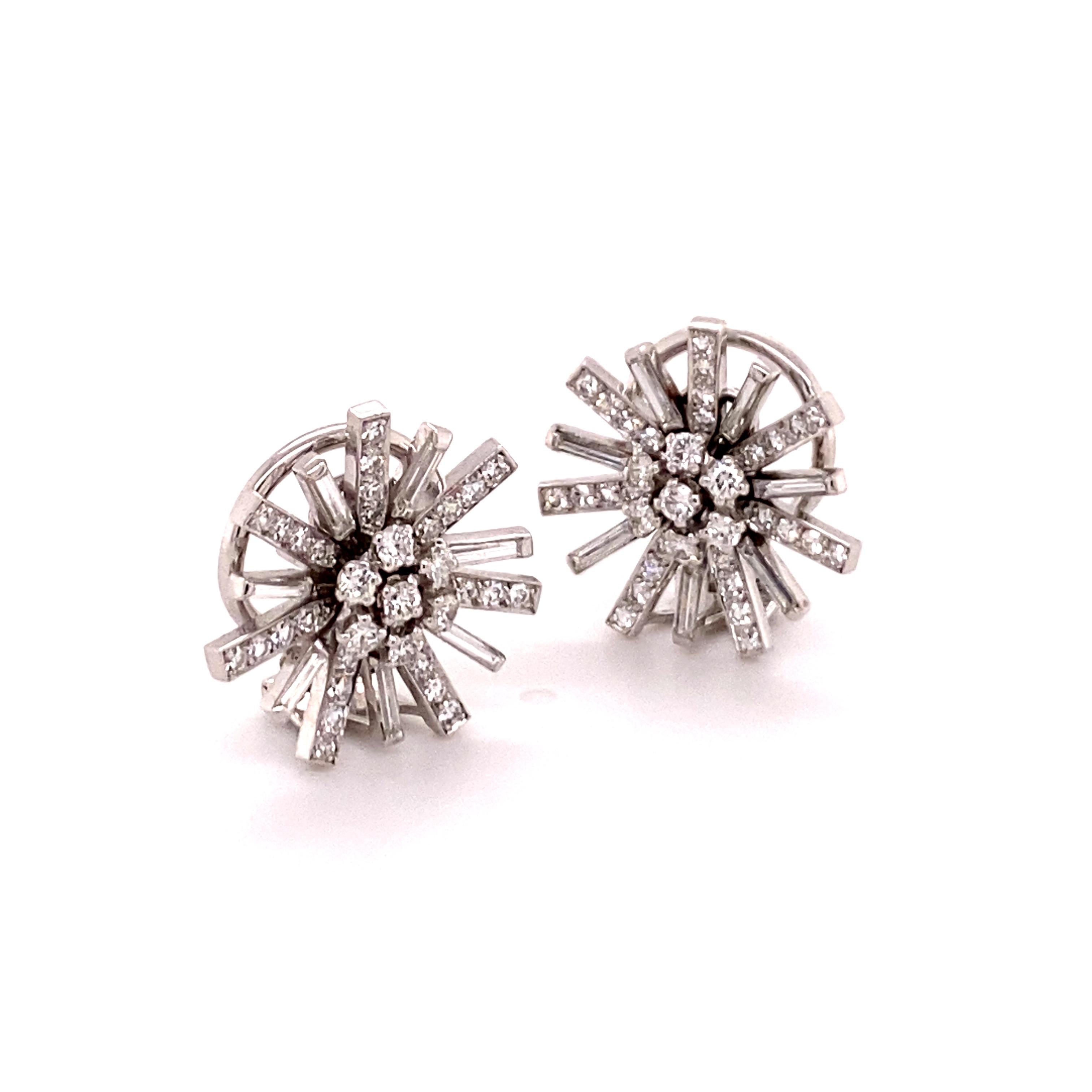 This delicate pair of earclips is handcrafted in 18 karat white gold and carefully set with 84 diamonds of G/H colour and vs clarity, total weight approximately 1.13 carats.
(14 brilliant-cut, 56 single-cut, and 14 baguette-cut diamonds)

Diameter