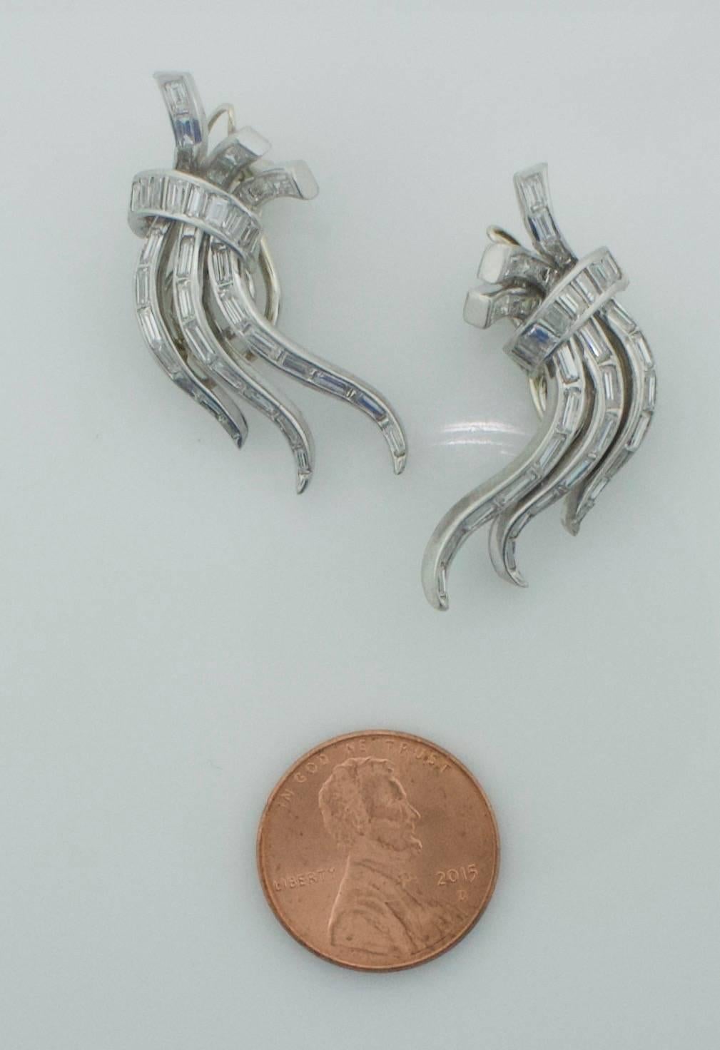 Baguette Cut Diamond Earring in Platinum, circa 1940s