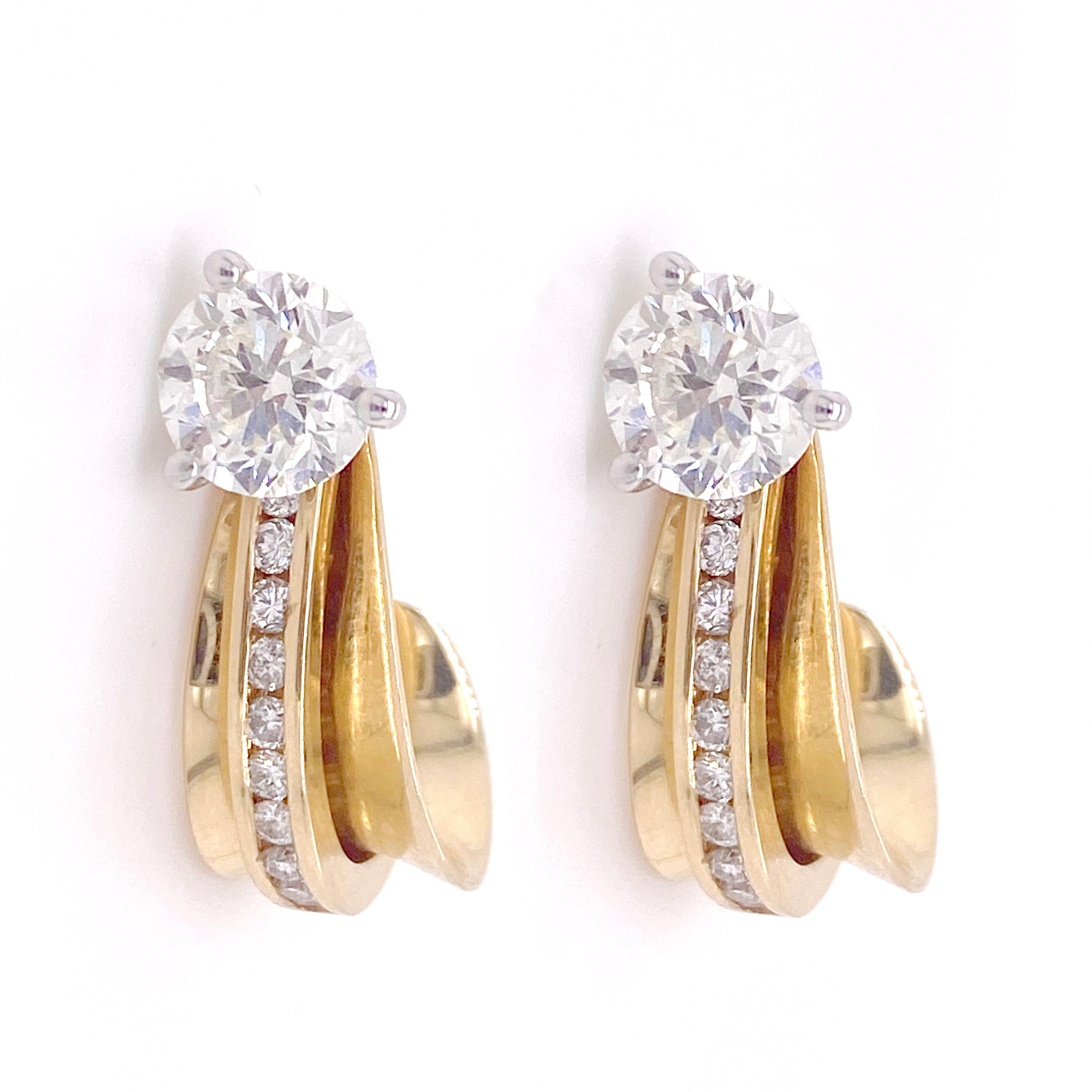 These custom made earring jackets have three different ways to wear them. One way is with diamond jacket attached to the gold earring jacket hoop with any stud earring. Secondly, the diamond earrings can be worn alone with a stud earring.  Thirdly,