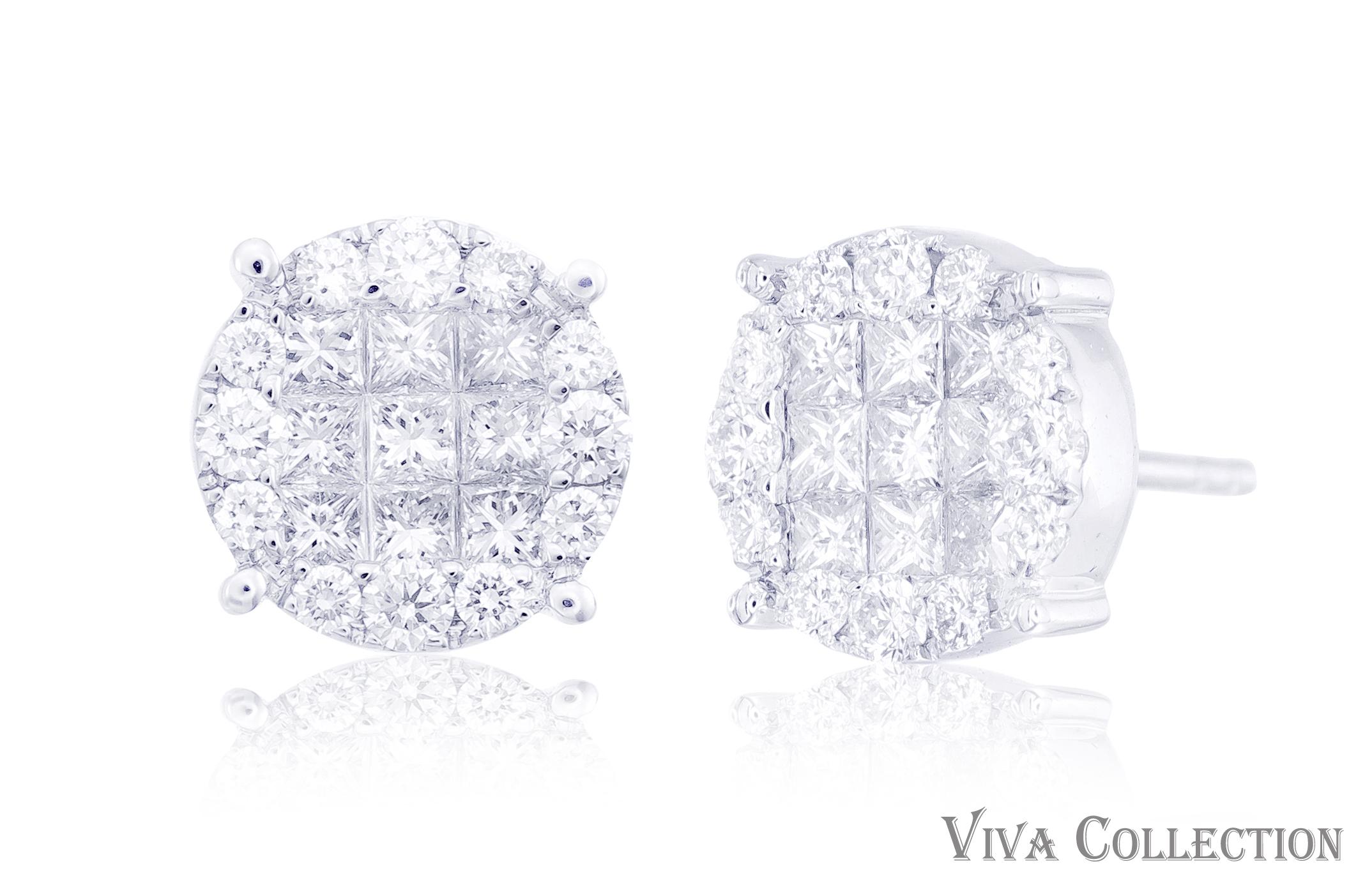 Carefully handcrafted, delicately cut and effortlessly elegant, this 18K white gold statement stud earring are a collector-friendly piece of jewellery. Using the pave and invisible setting. This stunning earring feature carefully crafted Princess