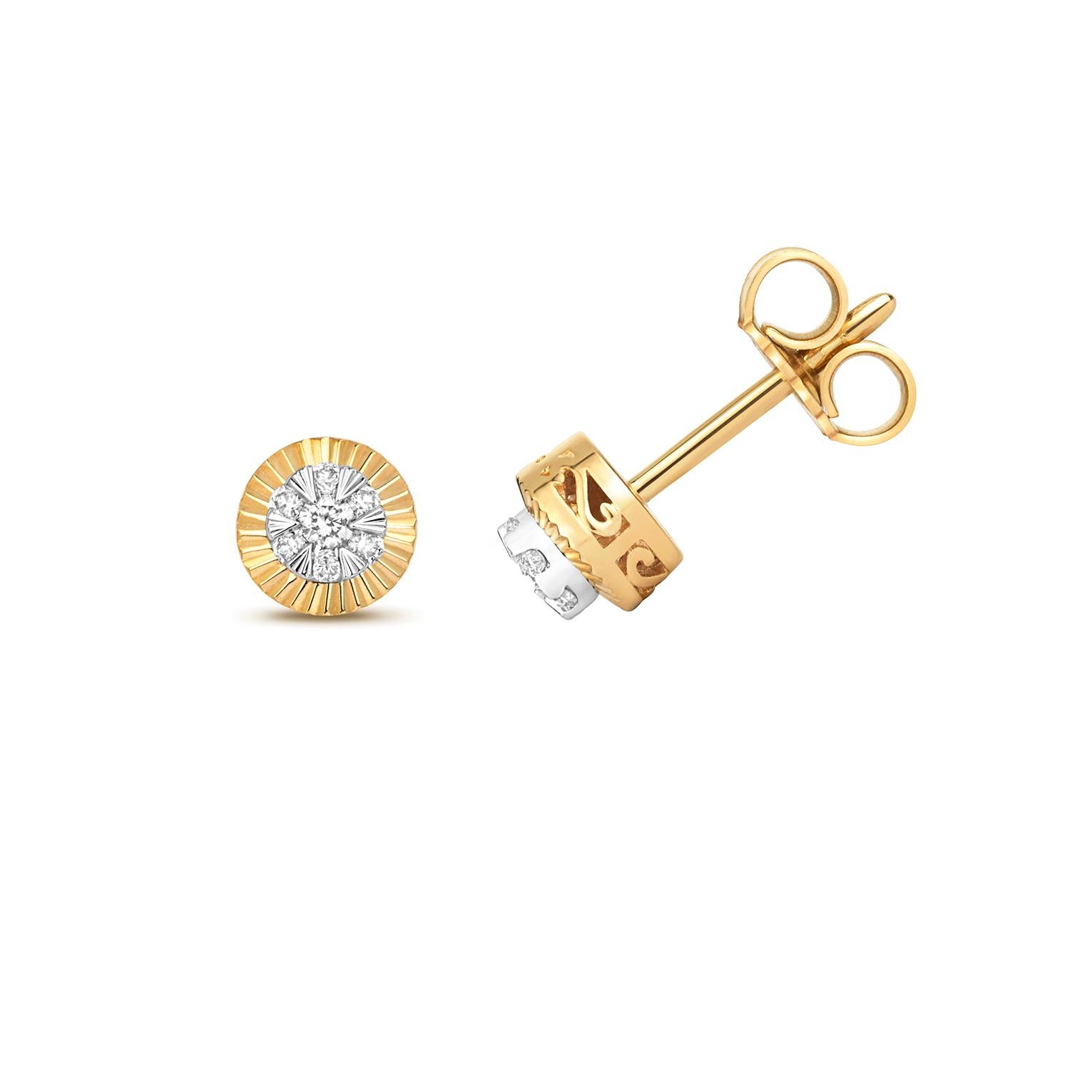 Women's Diamond Earrings 0.10ct studs in 9ct Yellow Gold Bezel halo cluster For Sale