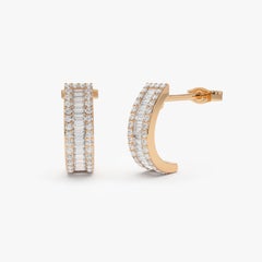 Diamond Earrings / 14k Gold Baguette and Round Diamond Micro Pave Earrings