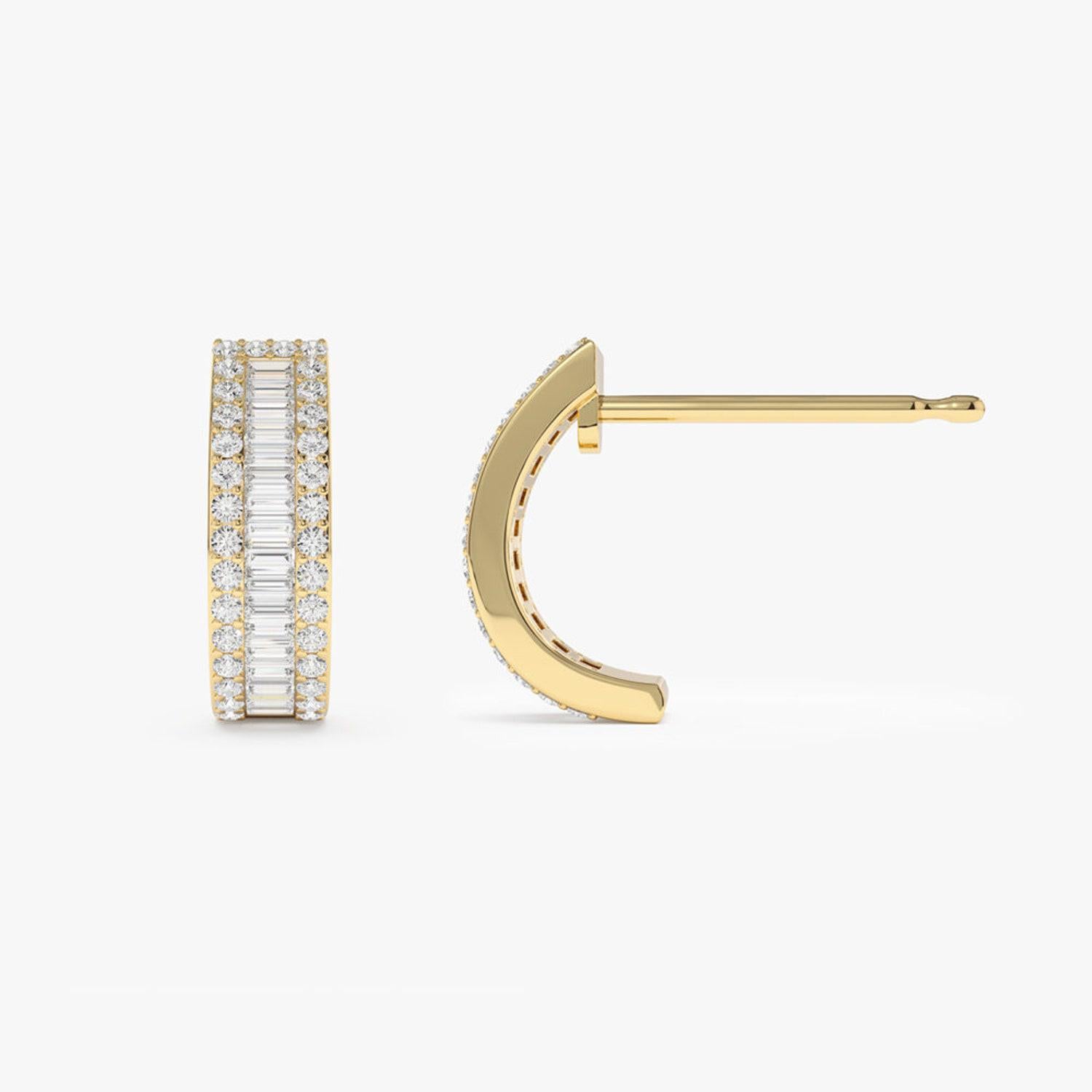 Modern Diamond Earrings / 14k Gold Baguette and Round Diamond Micro Pave Earrings For Sale