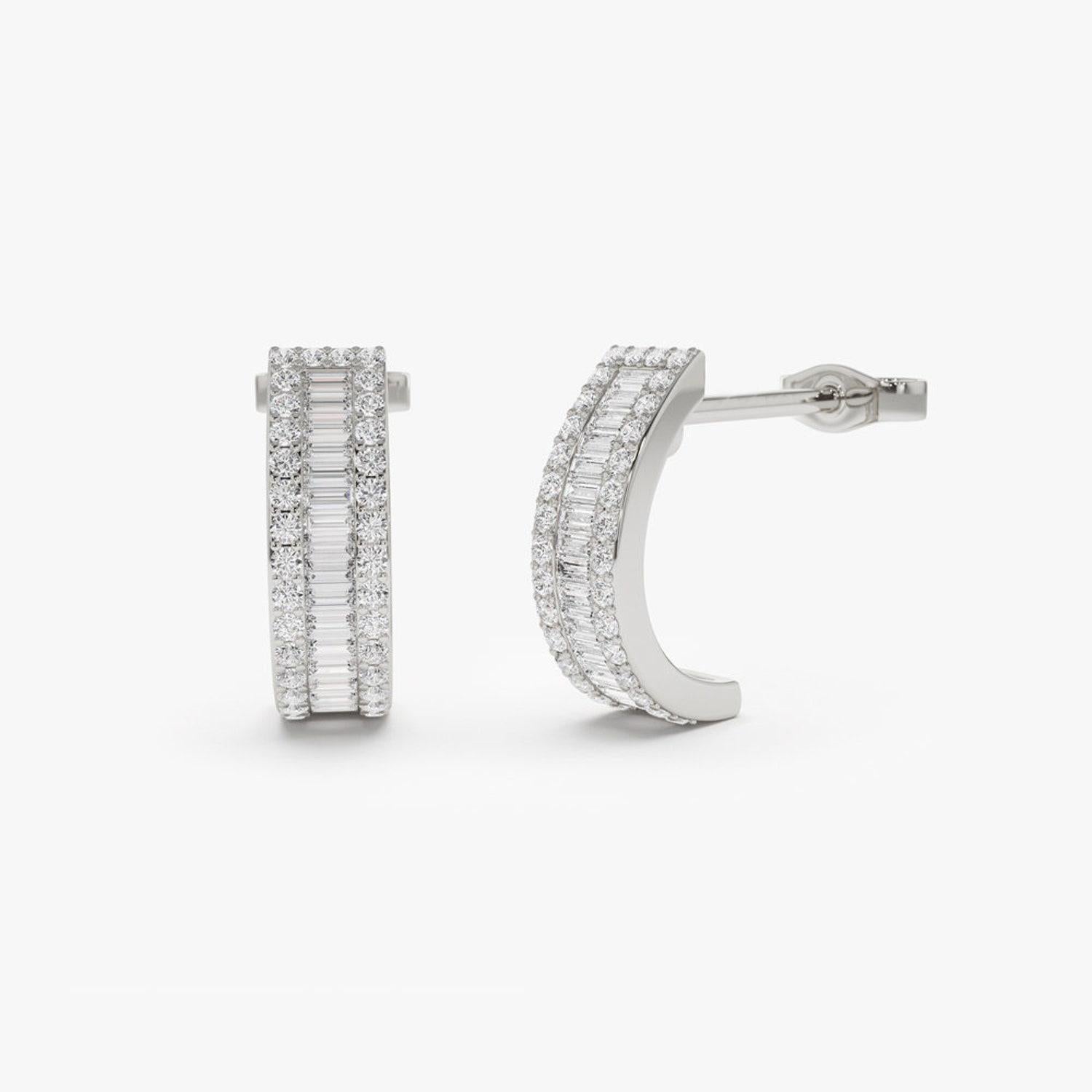 Brilliant Cut Diamond Earrings / 14k Gold Baguette and Round Diamond Micro Pave Earrings For Sale