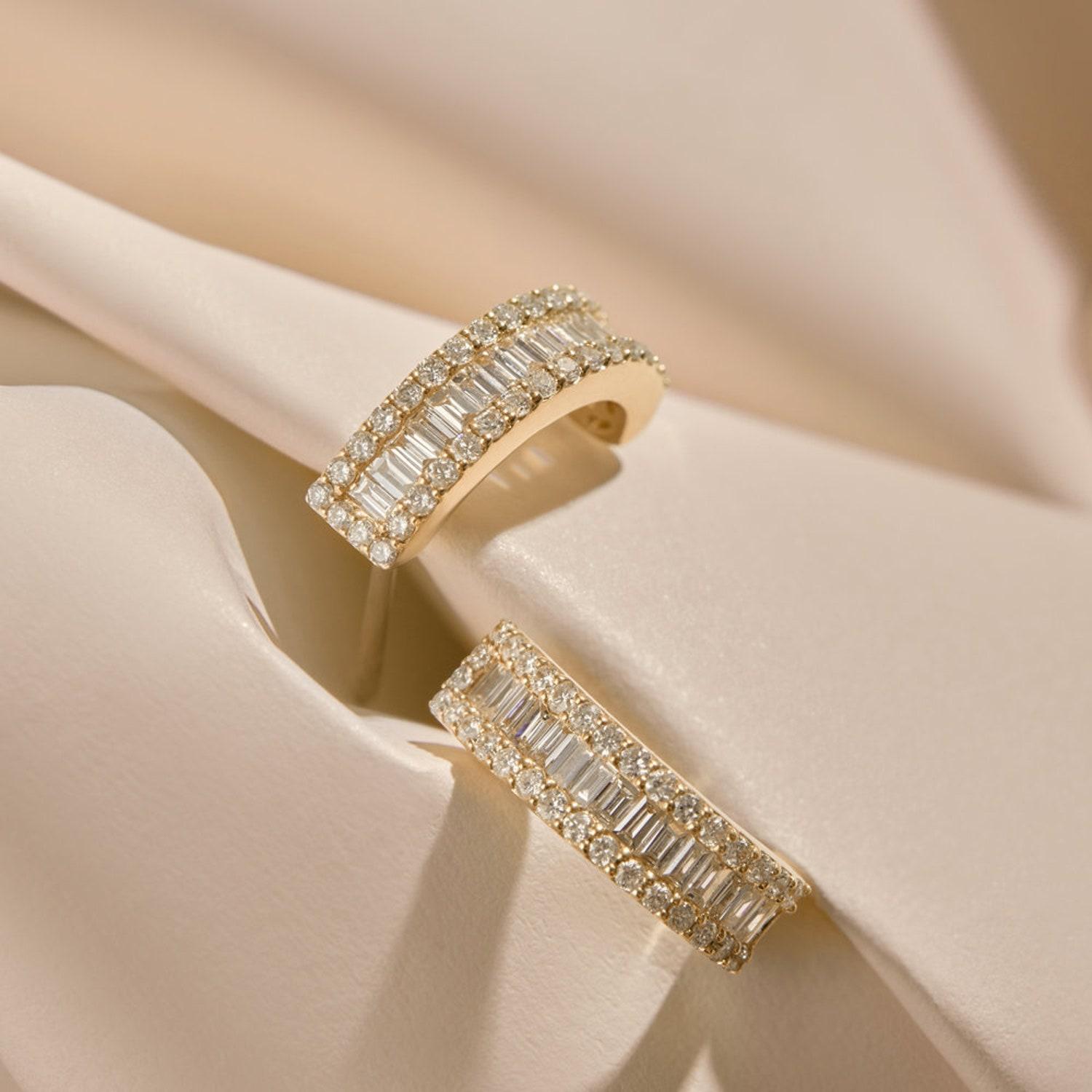 Diamond Earrings / 14k Gold Baguette and Round Diamond Micro Pave Earrings For Sale 2