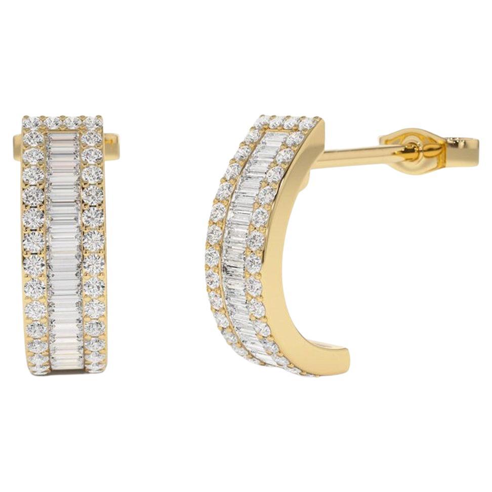 Diamond Earrings / 14k Gold Baguette and Round Diamond Micro Pave Earrings For Sale