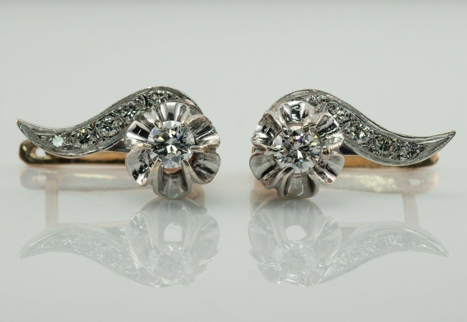 Round Cut Diamond Earrings 14K Gold Russian Buttercup .74cttw USSR For Sale