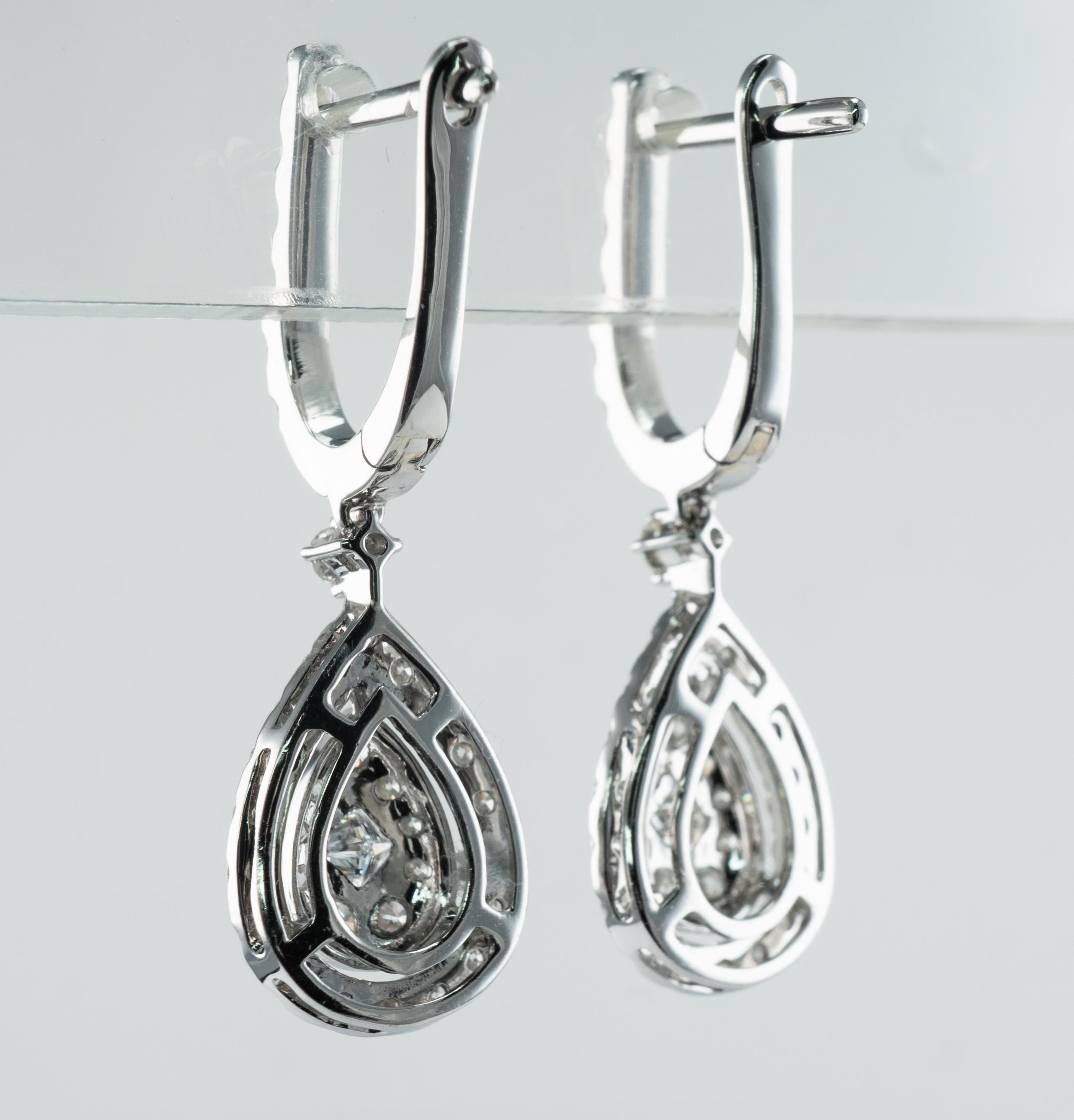 Diamond Earrings 14K White Gold Dangle 1.82 TDW Teardrop Shape In Good Condition For Sale In East Brunswick, NJ