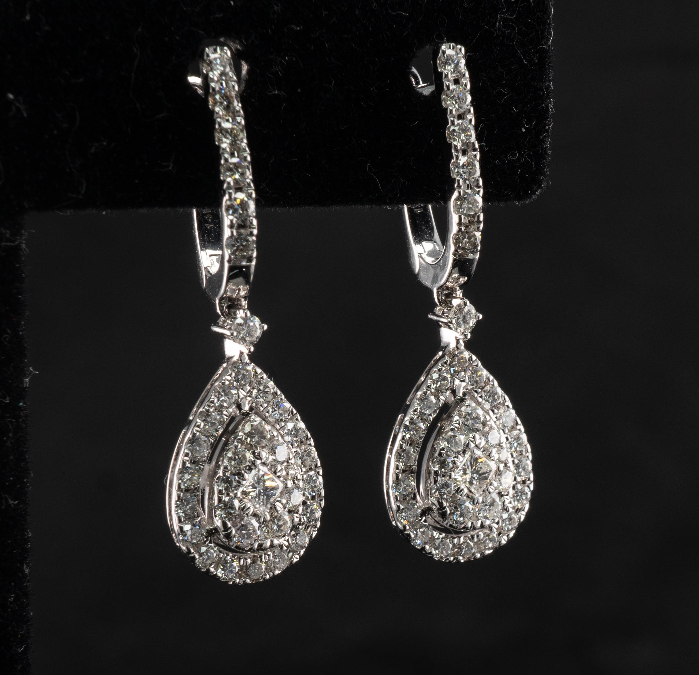 Women's Diamond Earrings 14K White Gold Dangle 1.82 TDW Teardrop Shape For Sale