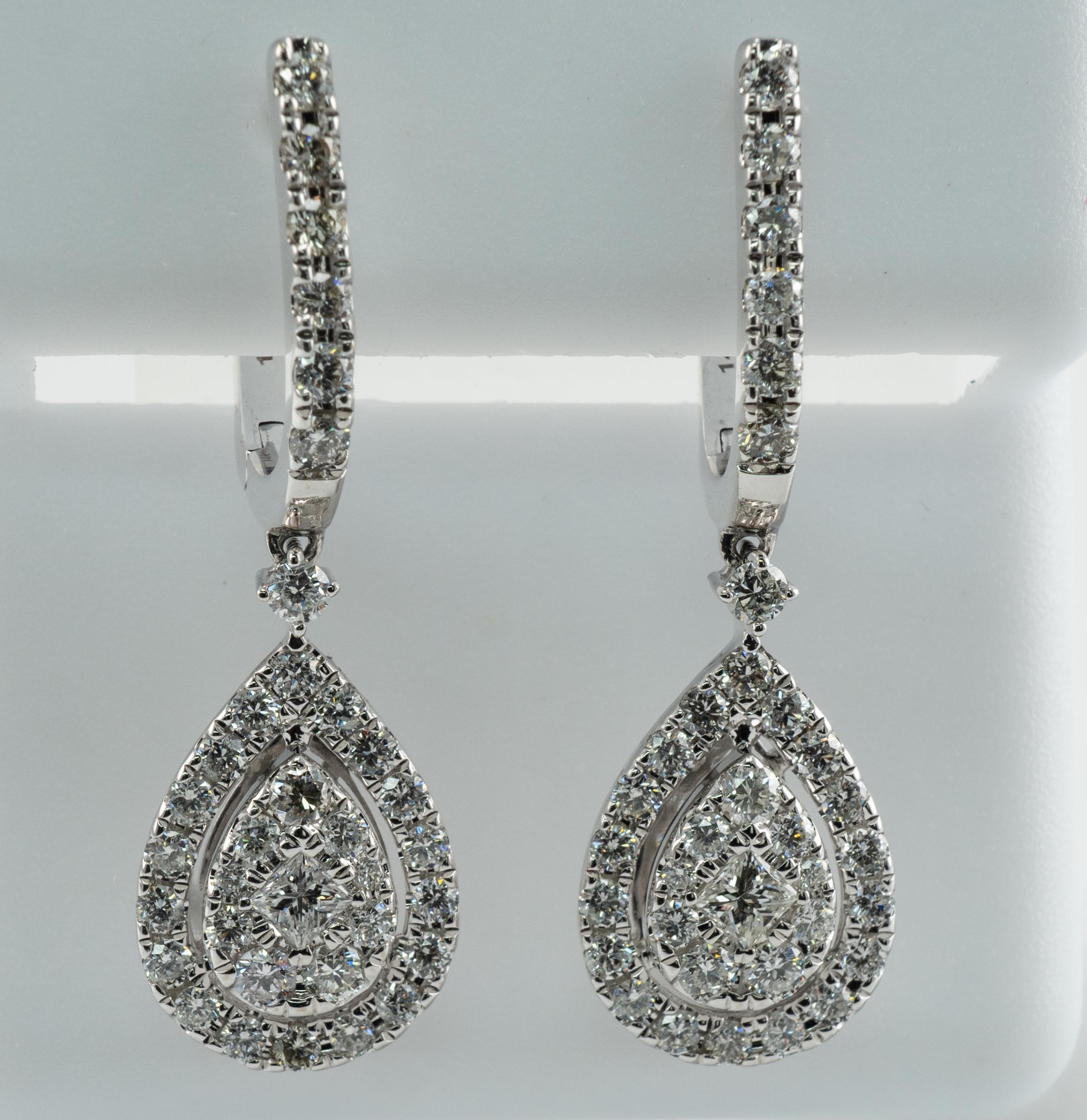 Diamond Earrings 14K White Gold Dangle 1.82 TDW Teardrop Shape For Sale 1