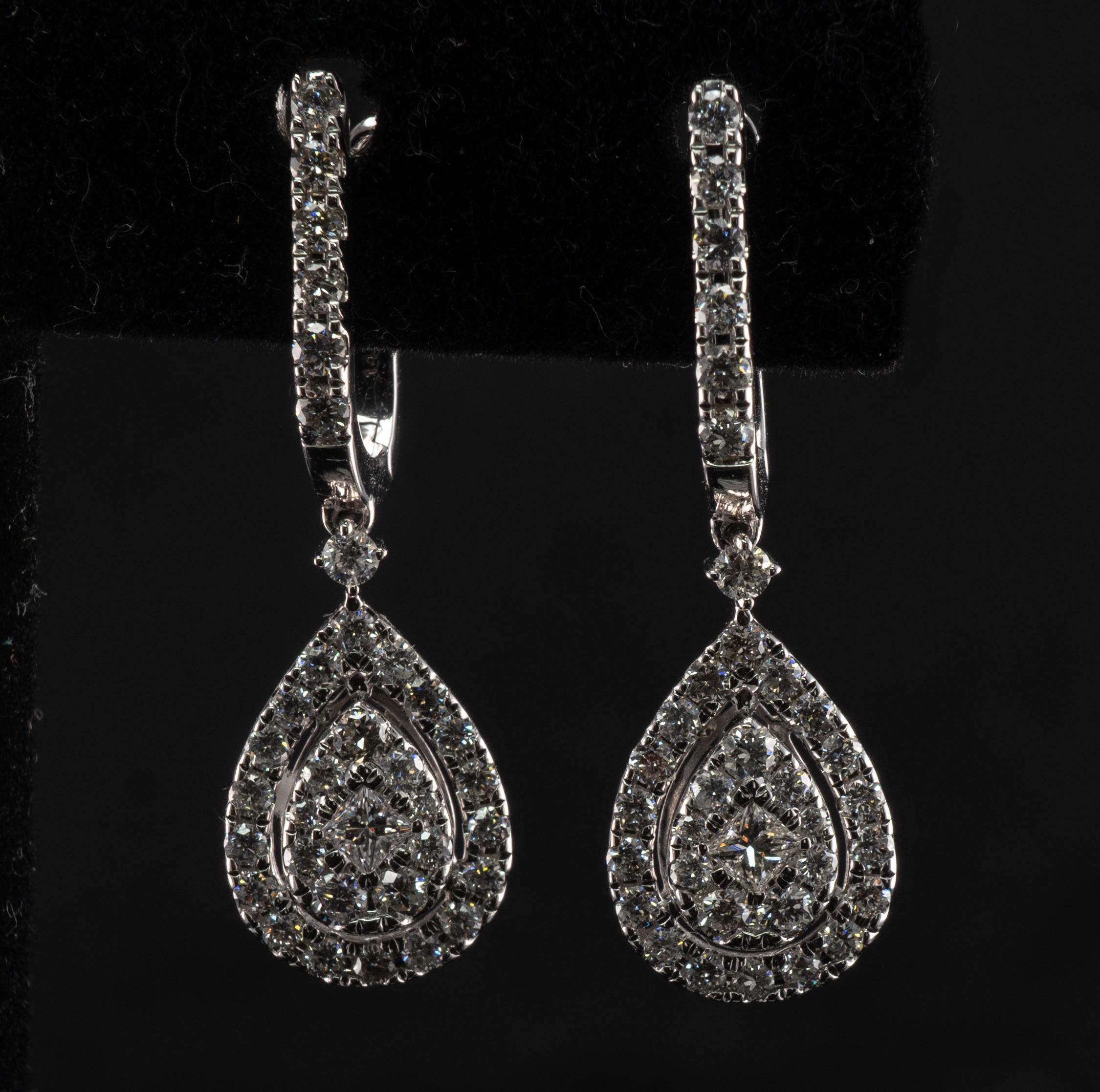 Diamond Earrings 14K White Gold Dangle 1.82 TDW Teardrop Shape For Sale 2