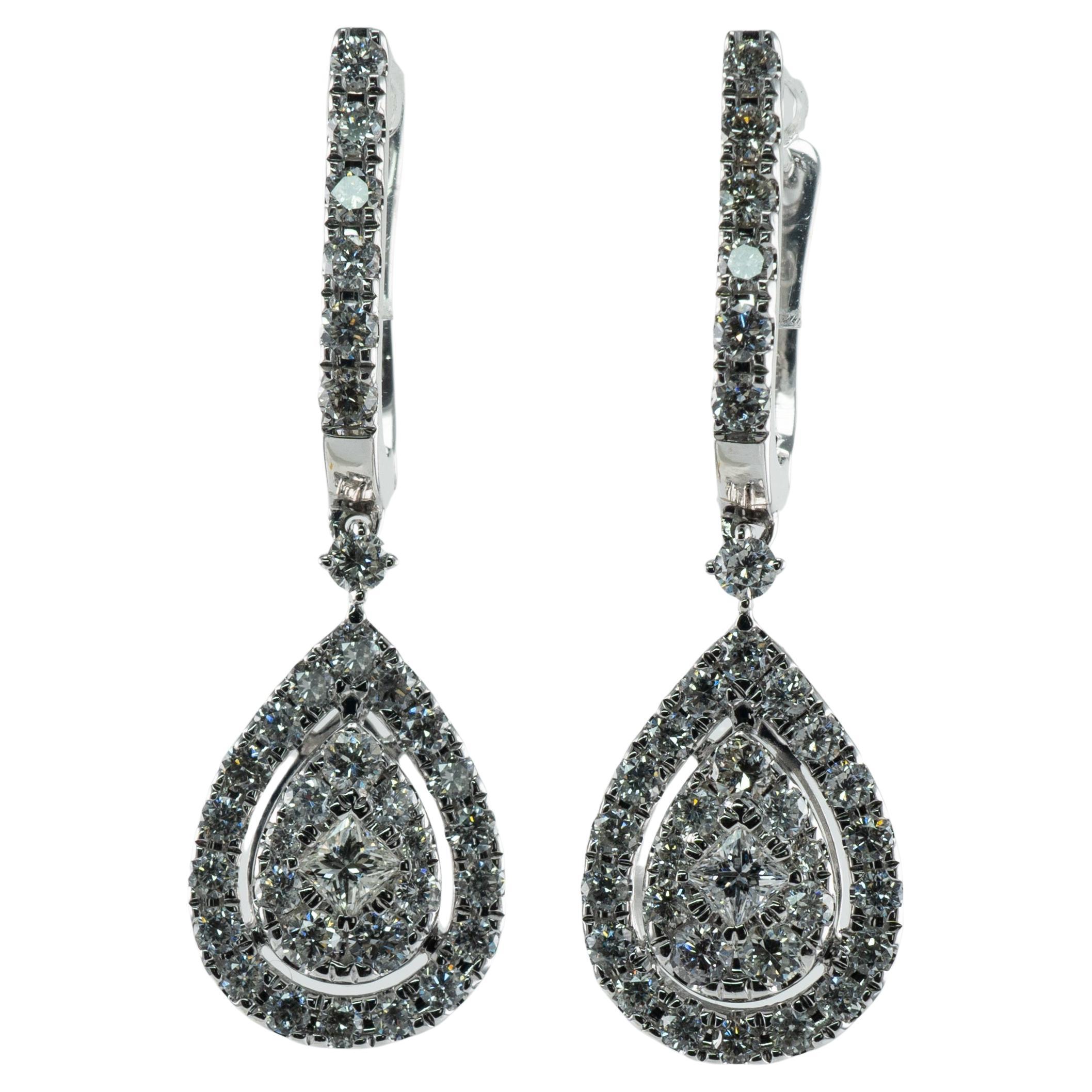 Diamond Earrings 14K White Gold Dangle 1.82 TDW Teardrop Shape For Sale