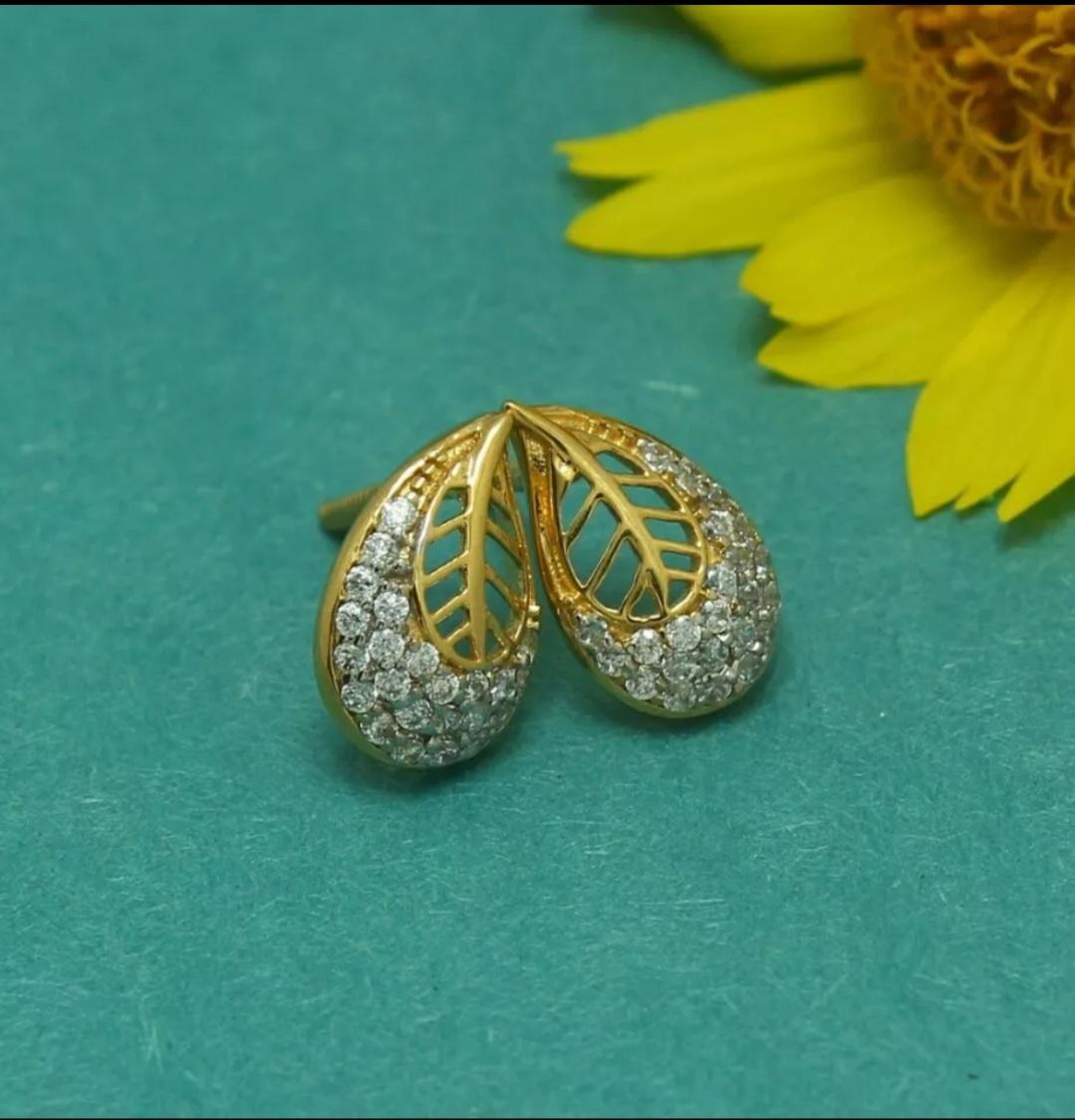 Round Cut Diamond Earrings 14K Yellow Gold Leaf Studs Minimalist Flower Women Earrings. For Sale