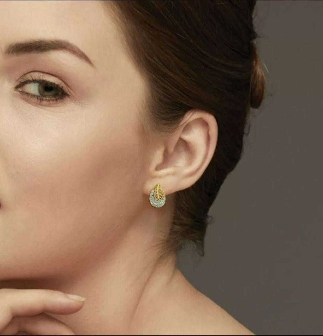 Diamond Earrings 14K Yellow Gold Leaf Studs Minimalist Flower Women Earrings. For Sale 2