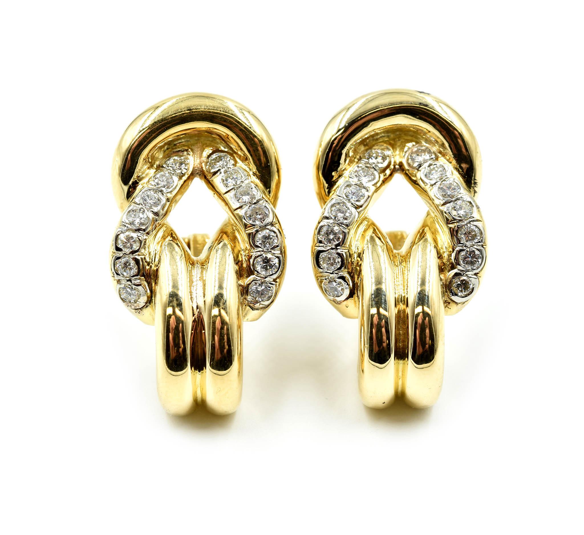 Designer: custom design
Material: 18k yellow gold
Diamonds: 28 round brilliant cuts = 0.84 carat total weight
Color: H
Clarity: SI1
Dimensions: each earring measures 1 ¼ inches long and just over 1/2 an inch wide  
Fastenings: omega backs
Weight: