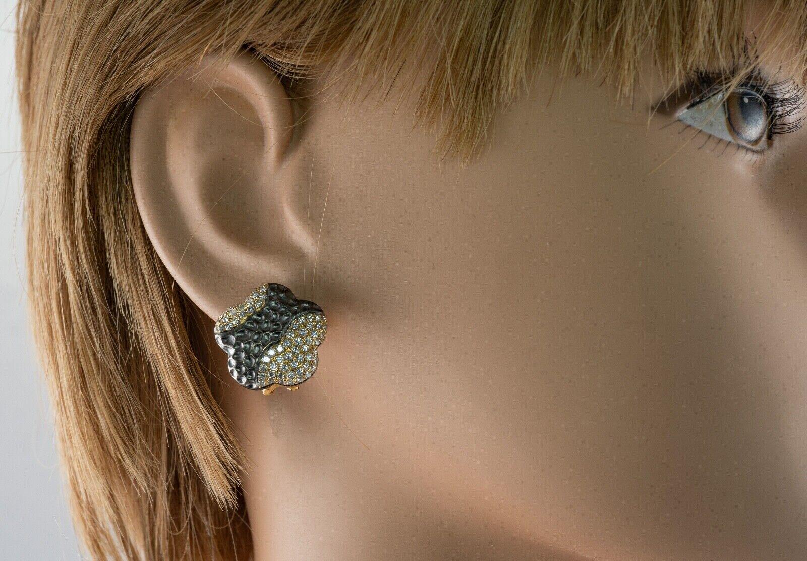 Diamond Earrings 18K Gold Hallmarked BA Flower Omega In Good Condition For Sale In East Brunswick, NJ