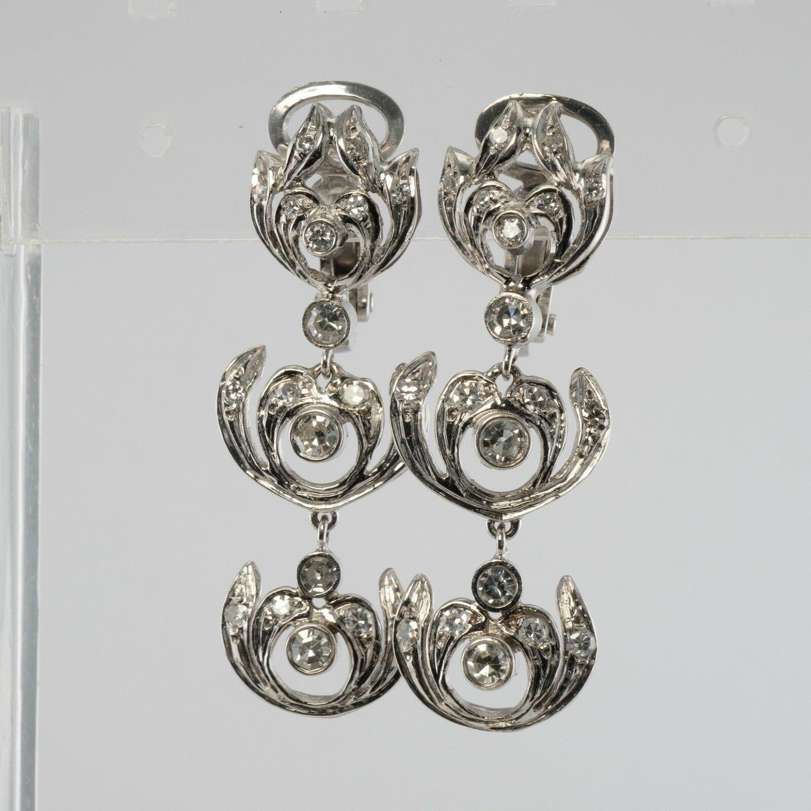 Round Cut Diamond Earrings 18K White Gold Dangle Vintage Drop For Sale