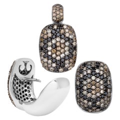 Vintage Diamond Earrings and Pendant Set, 18k White Gold, Mosaic of Black, Champagne