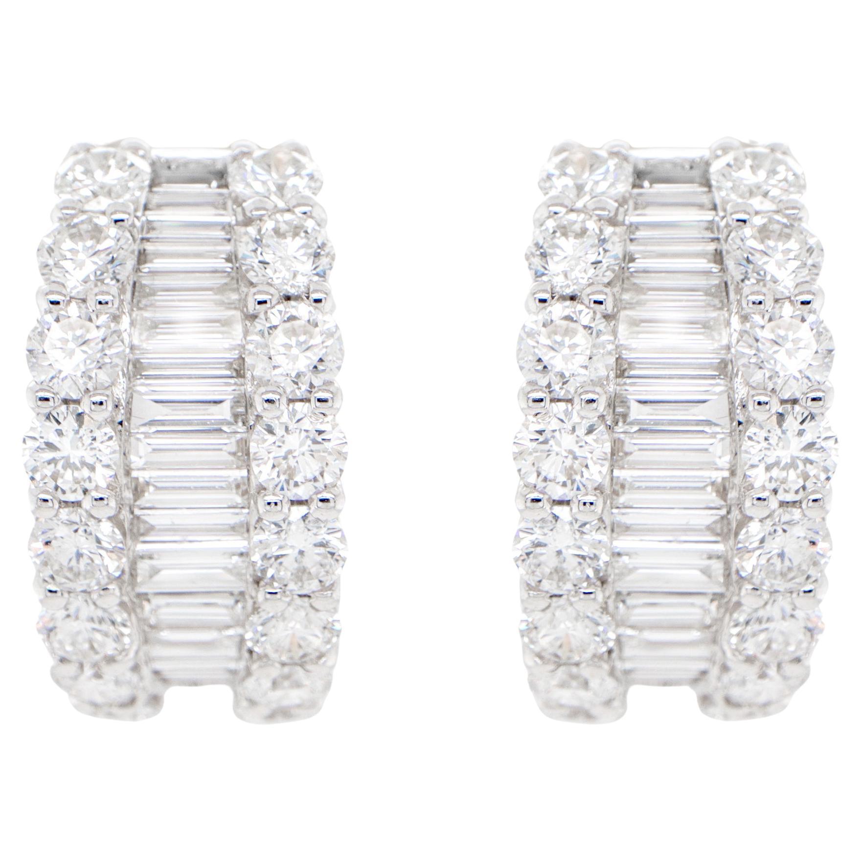 Diamond Earrings Baguette and Round 5.6 Carats 18K Gold For Sale