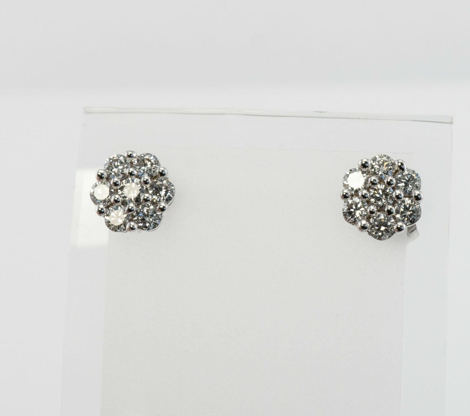 Round Cut Diamond Earrings Cluster Studs 14K White Gold .42 TDW For Sale