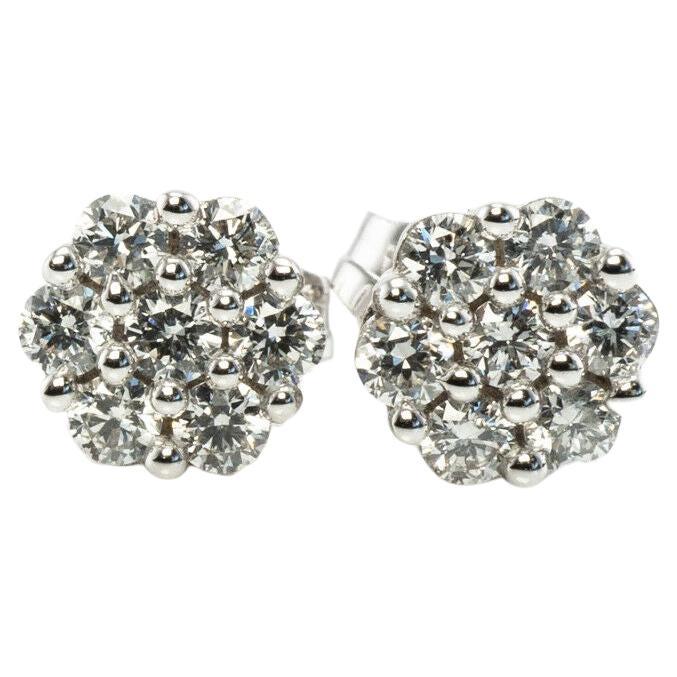 Diamond Earrings Cluster Studs 14K White Gold .42 TDW For Sale