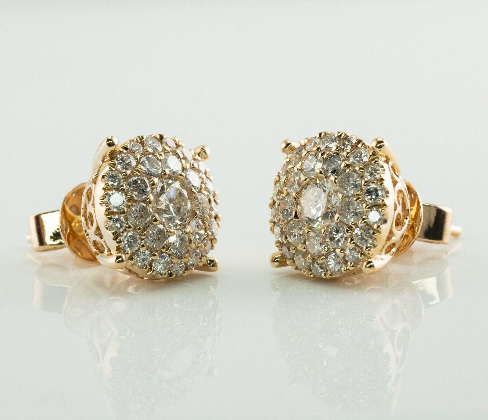 Round Cut Diamond Earrings Cluster Studs by Odelia 14K Gold 1.10 TDW For Sale