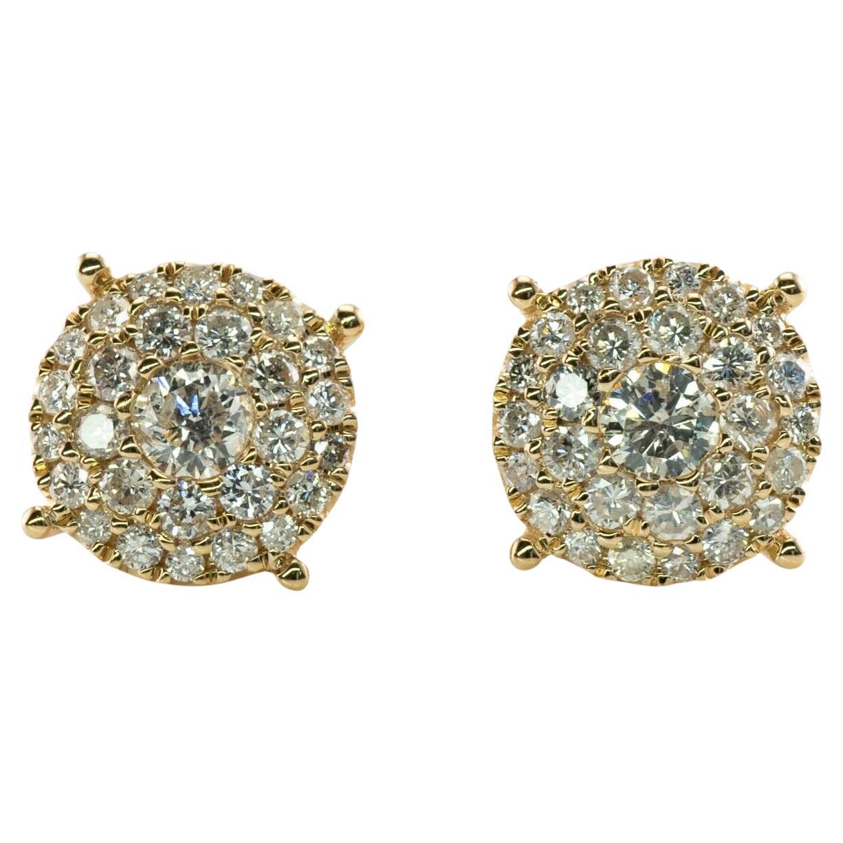 Diamond Earrings Cluster Studs by Odelia 14K Gold 1.10 TDW For Sale
