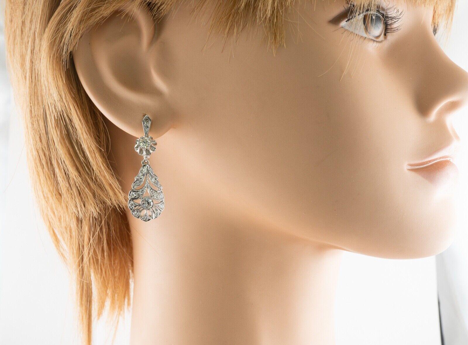 Round Cut Diamond Earrings Flower Vintage 14K White Gold Dangle 1.66 TDW For Sale