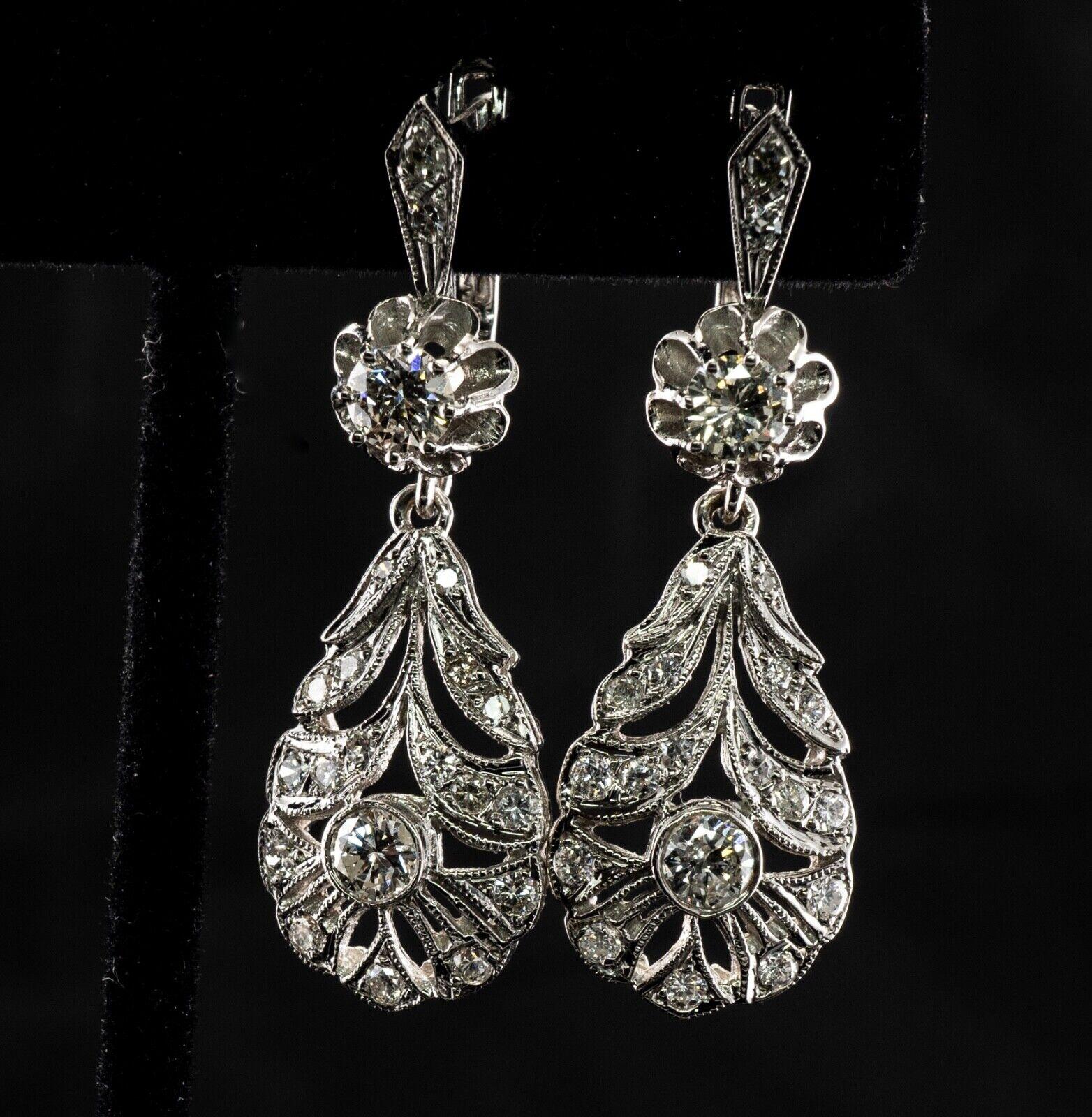 Diamond Earrings Flower Vintage 14K White Gold Dangle 1.66 TDW For Sale 3