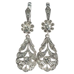 Diamond Earrings Flower Vintage 14K White Gold Dangle 1.66 TDW