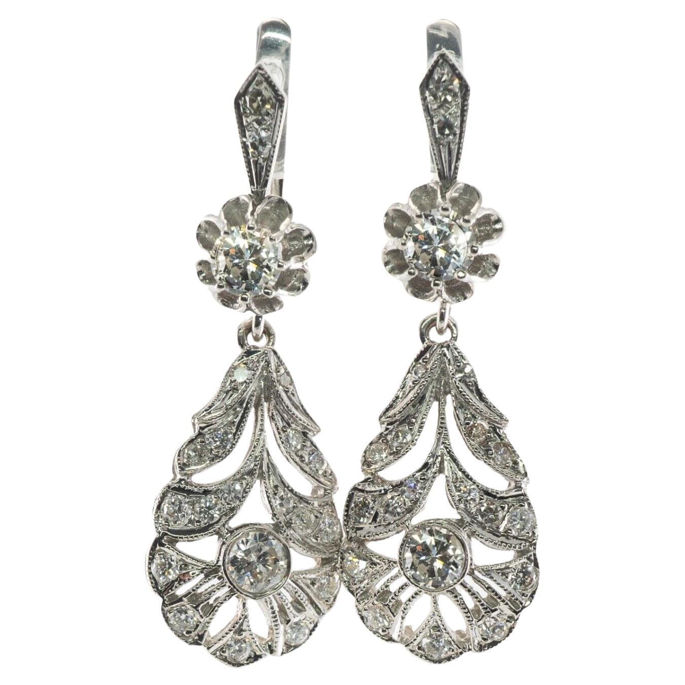 Pendientes Diamante Flor Vintage Oro Blanco 14K Colgantes 1.66 TDW