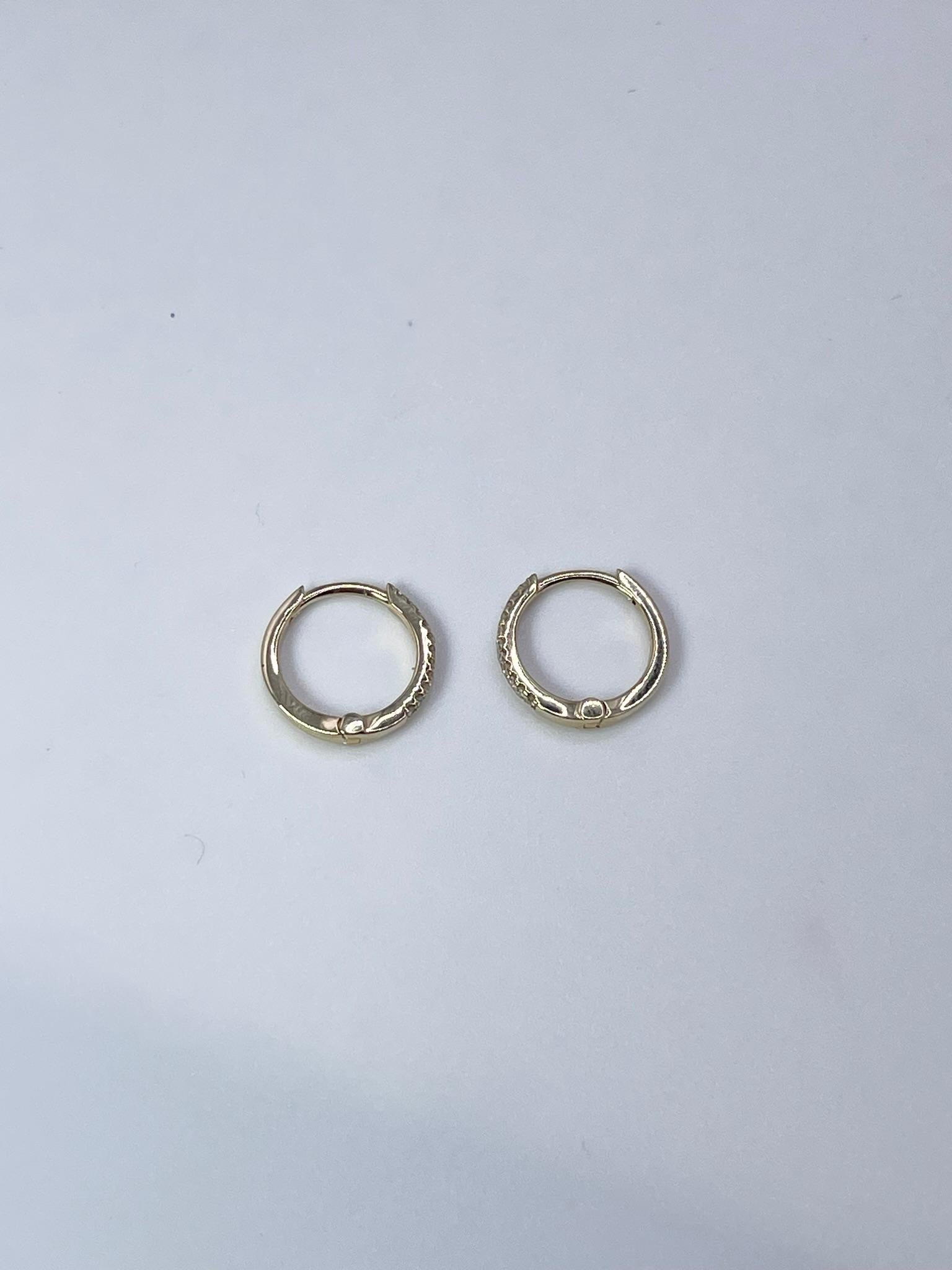Diamond earring hoops small and dainty. 

CENTER STONE: NATURAL DIAMONDS
CARAT: 0.08CT
CLARITY: SI
COLOR: G
CUT: ROUND BRILLIANT
STAMP: 14kt
GRAM WEIGHT: 1.40gr
CLOSURE: Hoop
Diameter: 10mm
Item numner: 150-00086 MAP

WHAT YOU GET AT STAMPAR