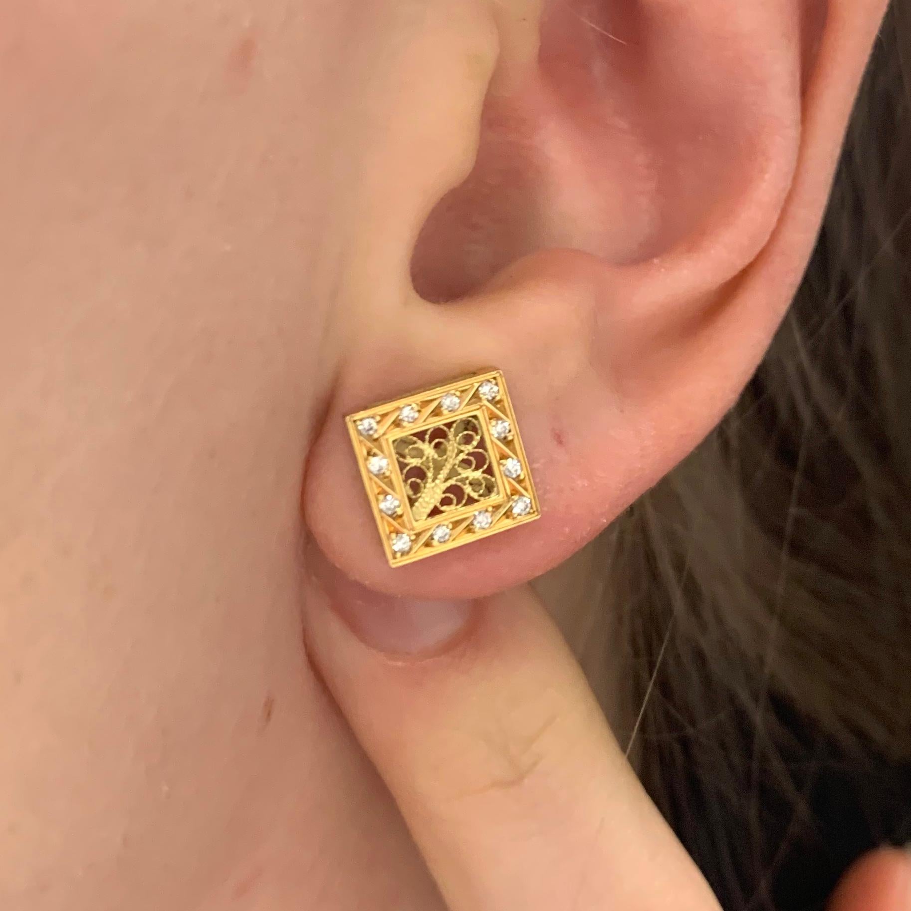 Diamant  Ohrringe aus 18 Karat Gelbgold Filigran (Rundschliff) im Angebot