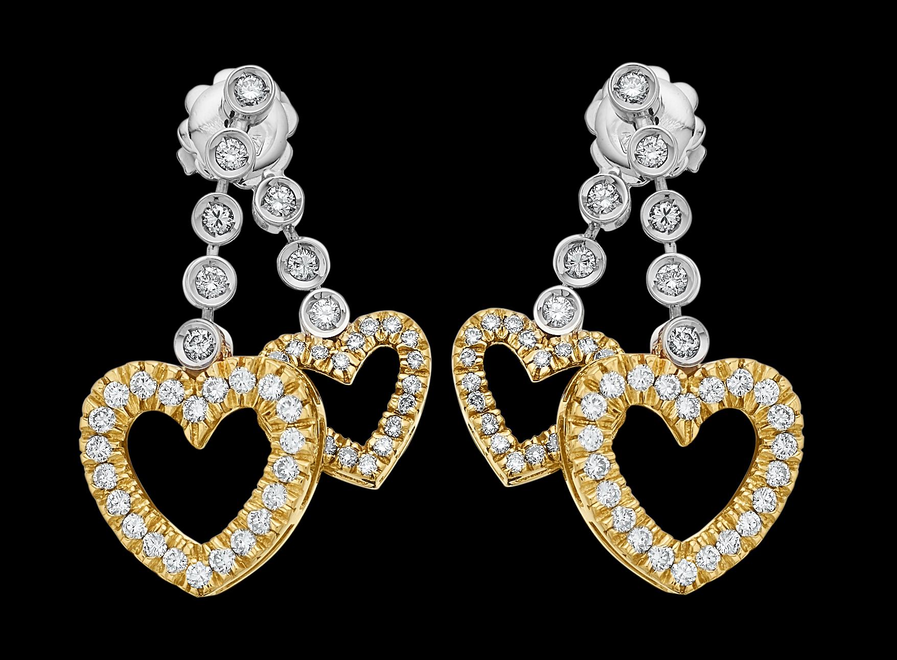 Brilliant Cut Bespoke Design Diamond Twin Love Heart Drop Earrings in 18K Gold For Sale